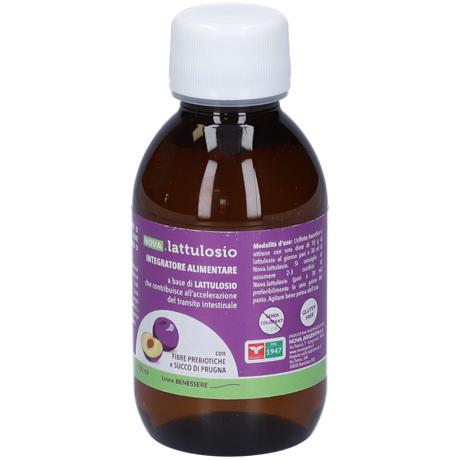 Braune Flasche mit weißem Deckel. Etikett mit NOVA.LATTULOSIO-Informationen. 150ml.