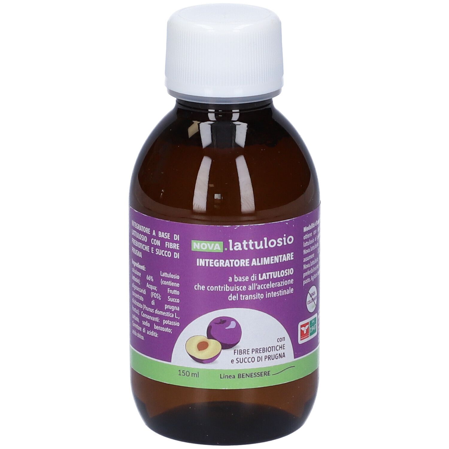Braune Flasche mit weißem Deckel. Etikett mit NOVA.LATTULOSIO-Informationen. 150ml.