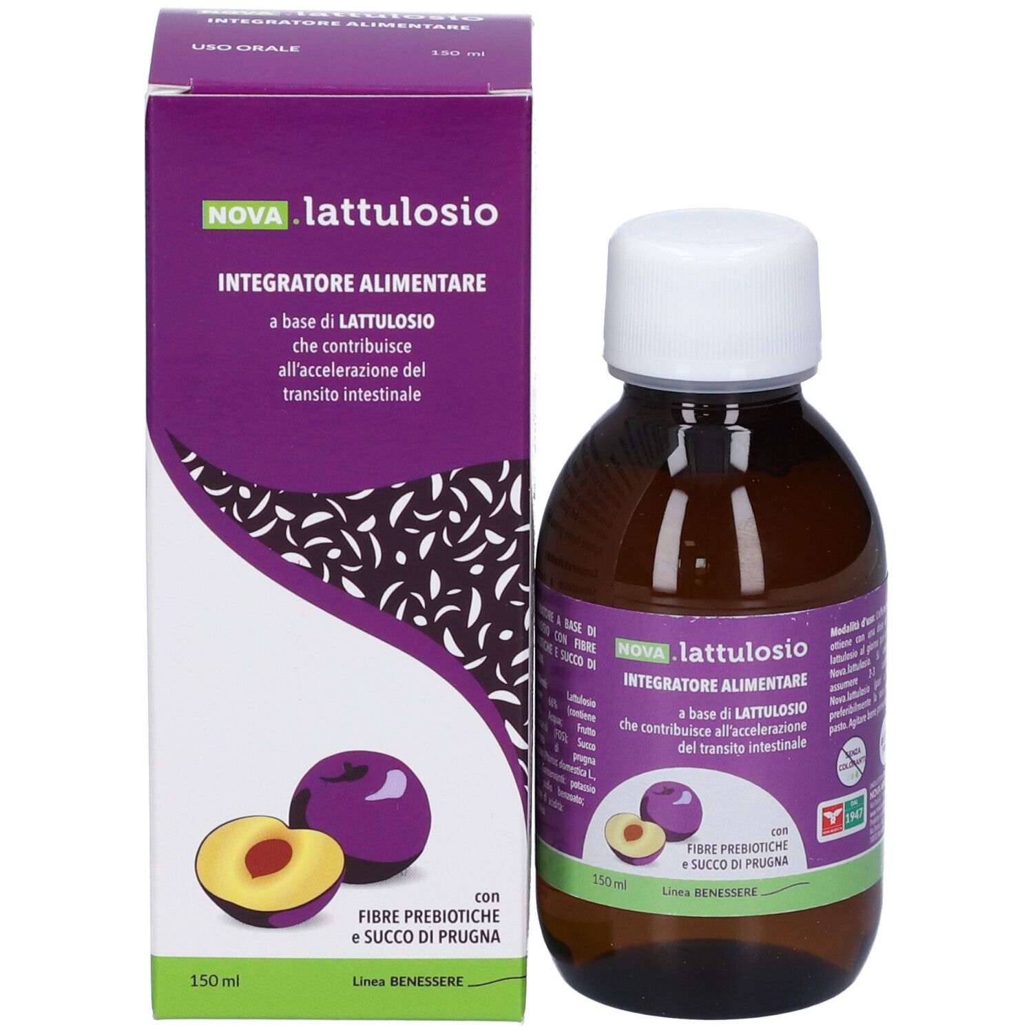 Produktverpackung und Flasche NOVA.LATTULOSIO. Flasche braun, weißer Deckel. 150ml.