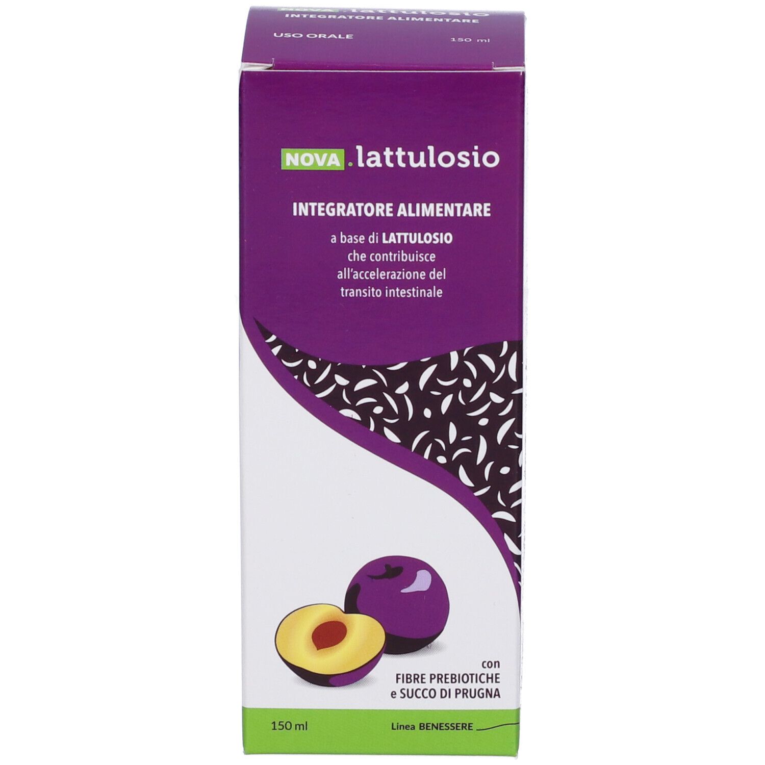 Produktverpackung NOVA.LATTULOSIO. Lila und weiß, mit Pflaumen-Illustration. 150ml.