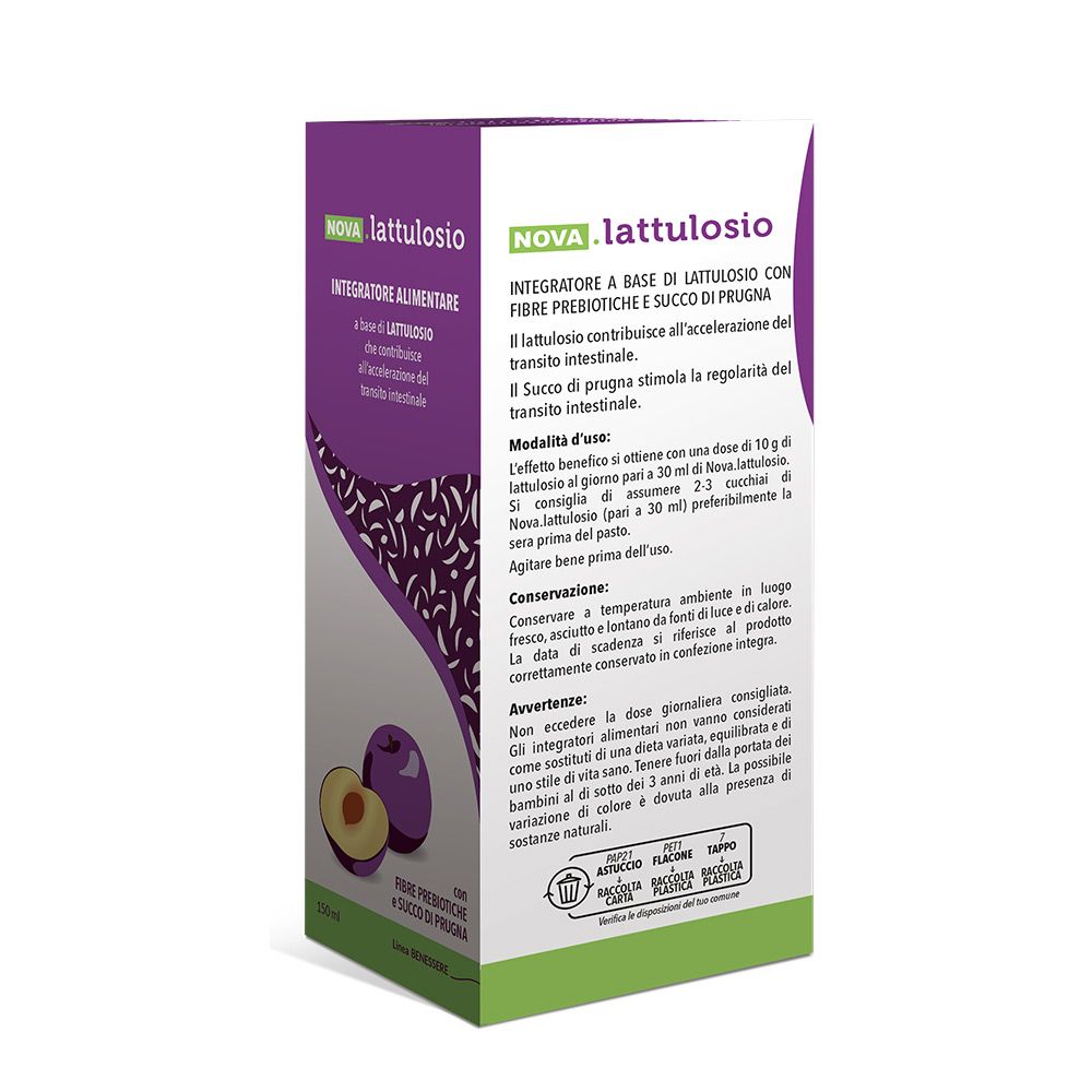 Rückseite der NOVA.LATTULOSIO-Verpackung. Text in italienischer Sprache. Pflaumen-Illustration.