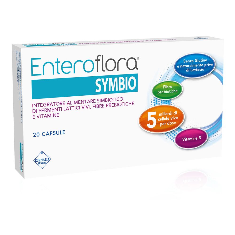 Schachtel mit "Enteroflora Symbio". Enthält 20 Kapseln. Angaben zu Inhaltsstoffen und Zertifizierungen.