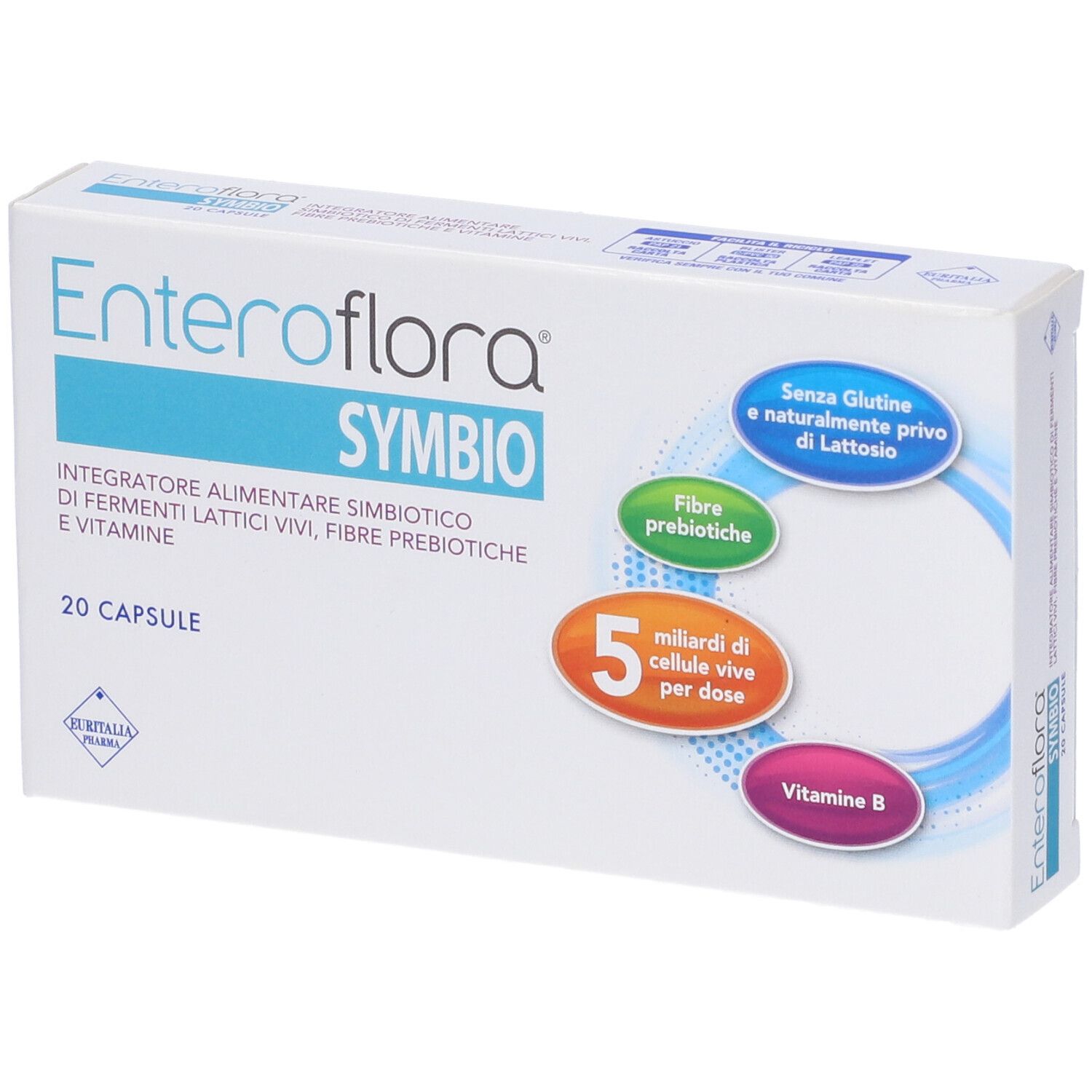 Schachtel "Enteroflora Symbio" mit 20 Kapseln. Angaben zu Inhaltsstoffen, glutenfrei und laktosefrei.