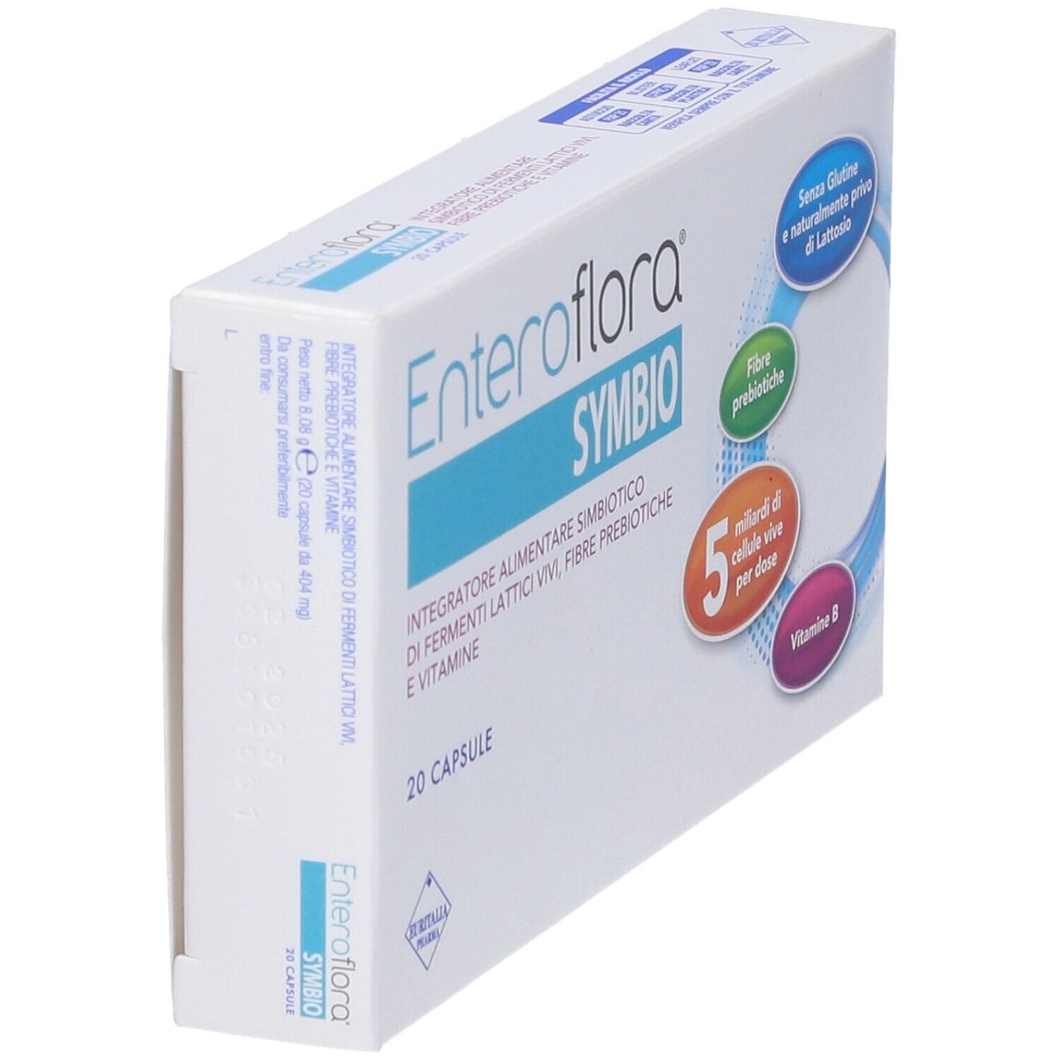 Schachtel "Enteroflora Symbio" mit 20 Kapseln. Angaben zu Inhaltsstoffen, glutenfrei und laktosefrei.
