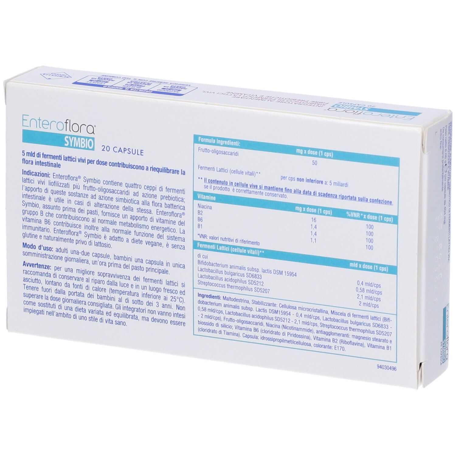 Rückseite der "Enteroflora Symbio"-Schachtel. Enthält Informationen zu Inhaltsstoffen und Dosierung.