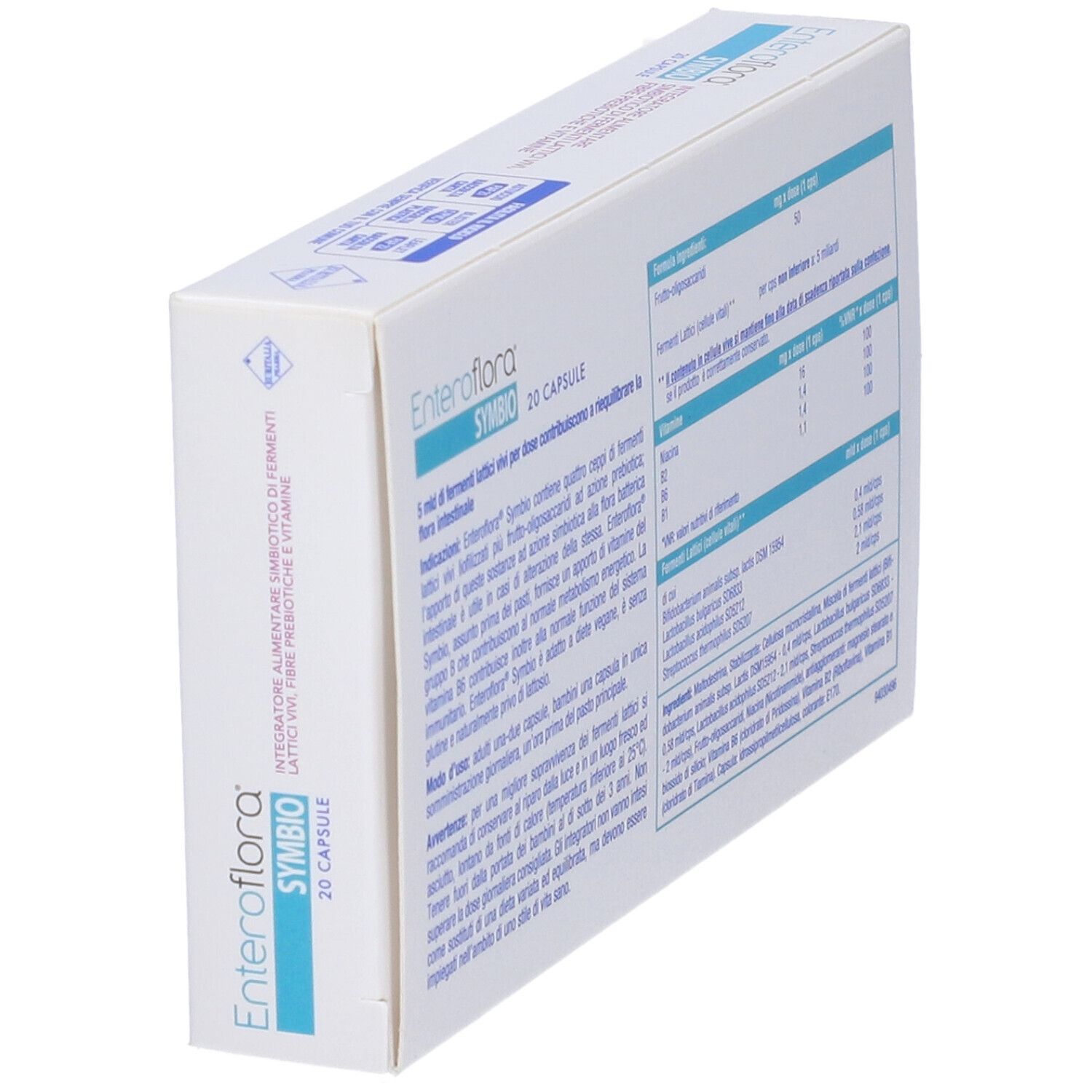 Rückseite der "Enteroflora Symbio"-Schachtel. Enthält Informationen zu Inhaltsstoffen und Dosierung.
