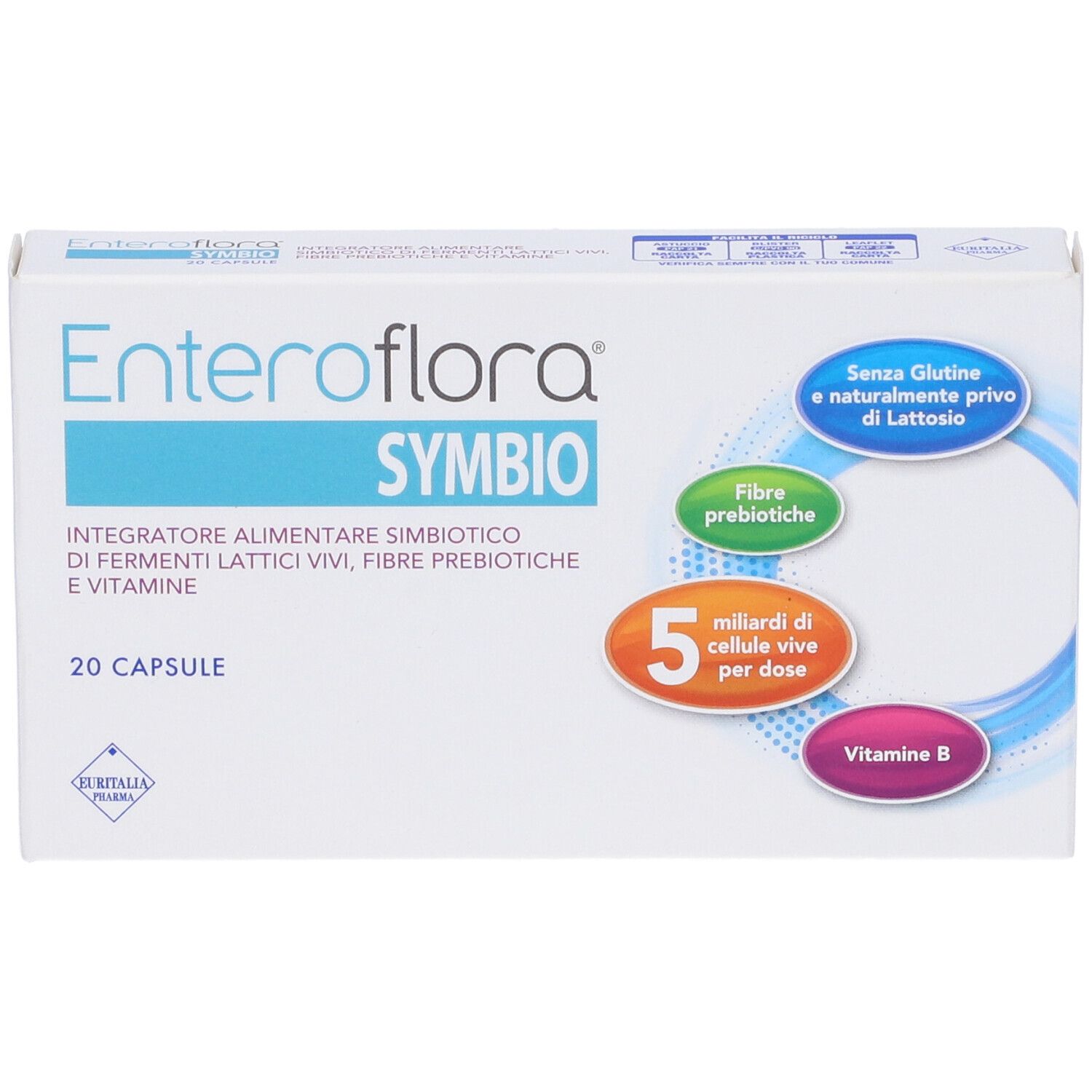 Schachtel "Enteroflora Symbio" mit 20 Kapseln. Angaben zu Inhaltsstoffen, glutenfrei und laktosefrei.