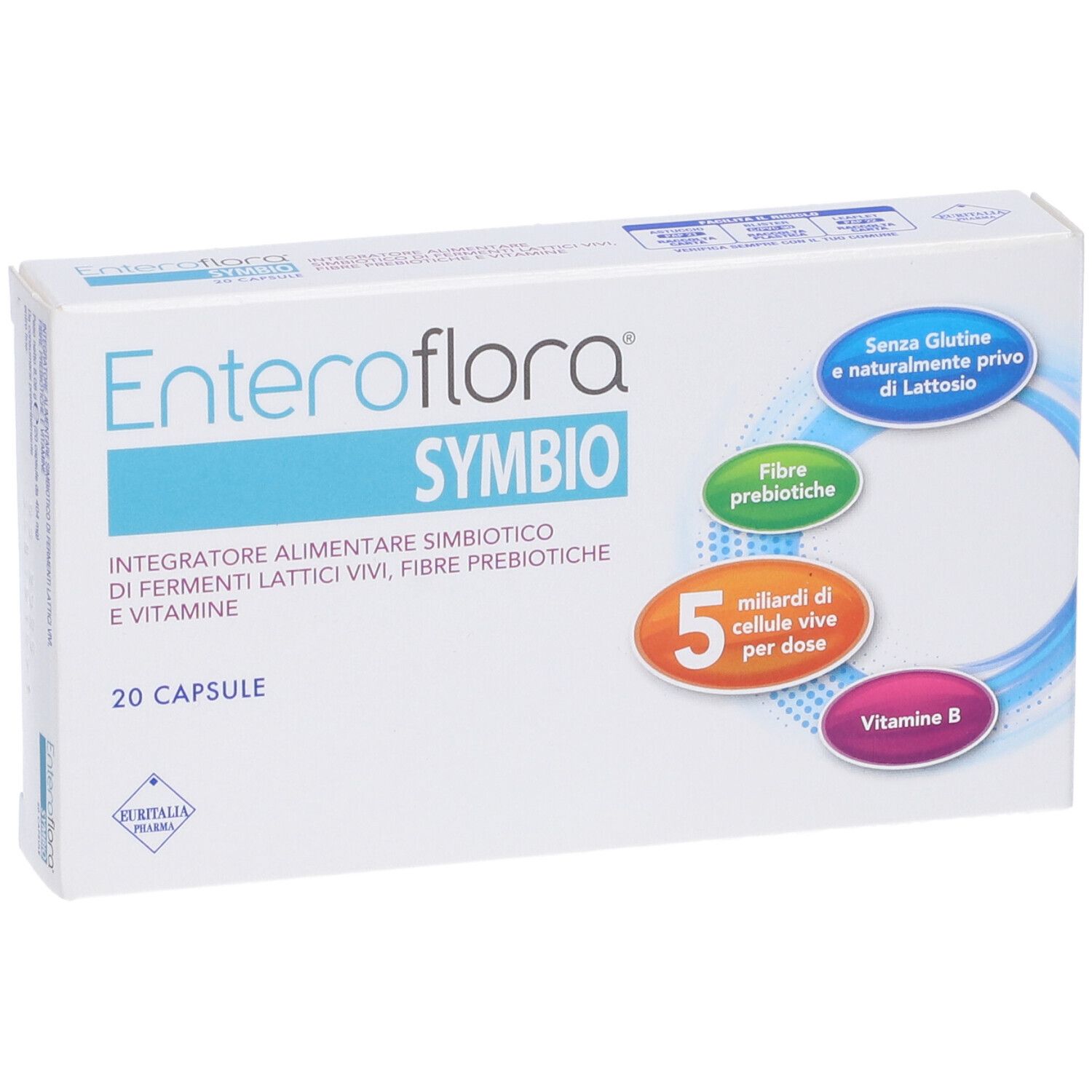 Schachtel "Enteroflora Symbio" mit 20 Kapseln. Angaben zu Inhaltsstoffen, glutenfrei und laktosefrei.