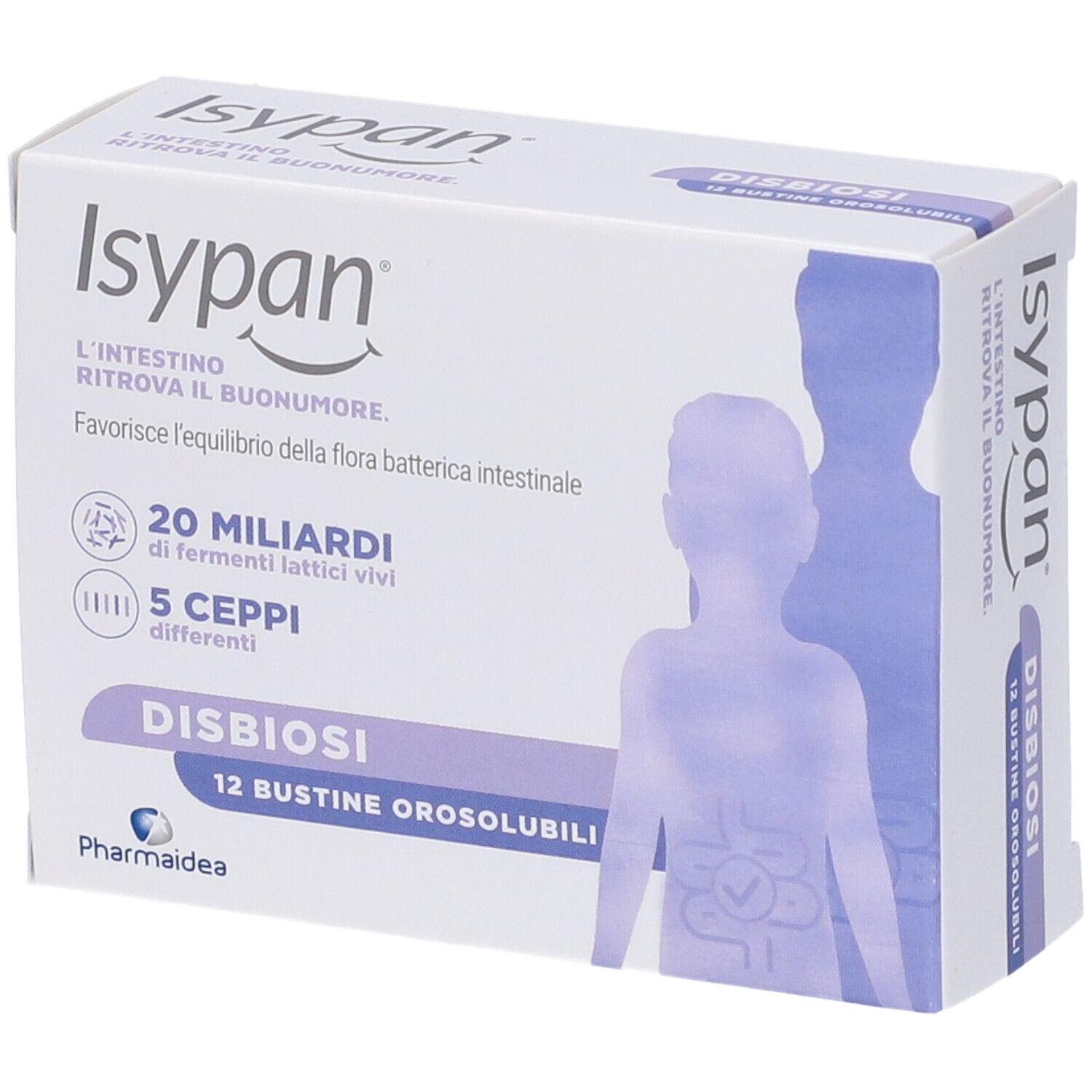 Schachtel Isypan Disbiosi. Vorderseite mit Produktinformationen: 20 Milliarden lebende Bakterien, 5 Stämme.