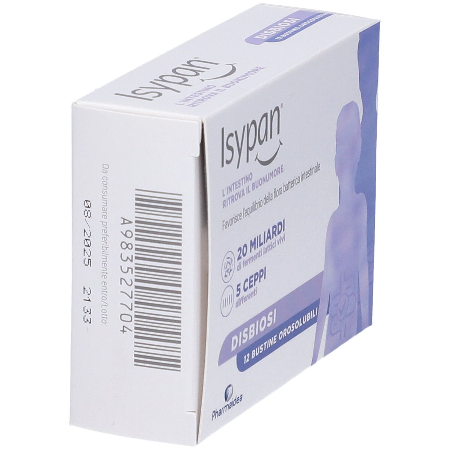 Schachtel Isypan Disbiosi. Vorderseite mit Produktinformationen: 20 Milliarden lebende Bakterien, 5 Stämme.