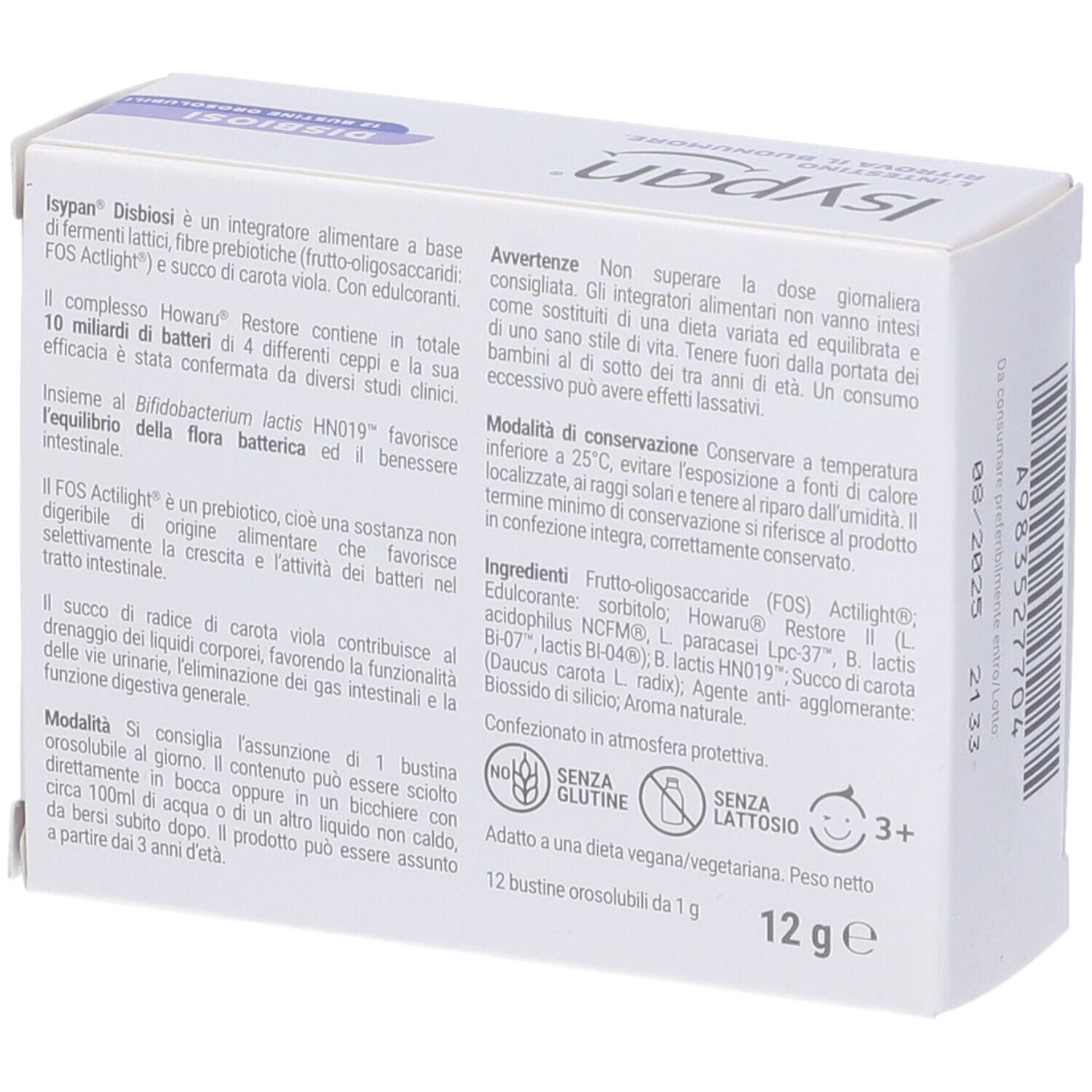 Schachtel Isypan Disbiosi. Vorderseite mit Produktinformationen: 20 Milliarden lebende Bakterien, 5 Stämme.