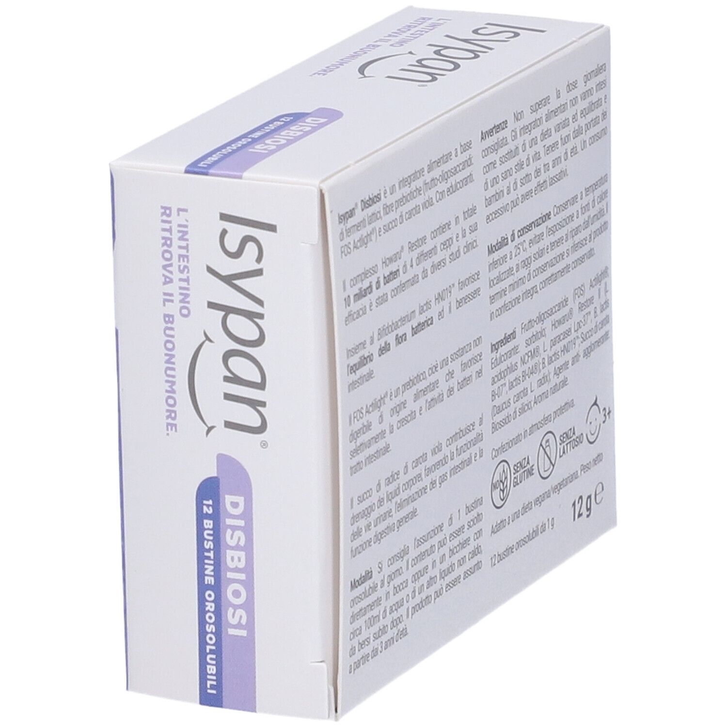 Schachtel Isypan Disbiosi. Vorderseite mit Produktinformationen: 20 Milliarden lebende Bakterien, 5 Stämme.