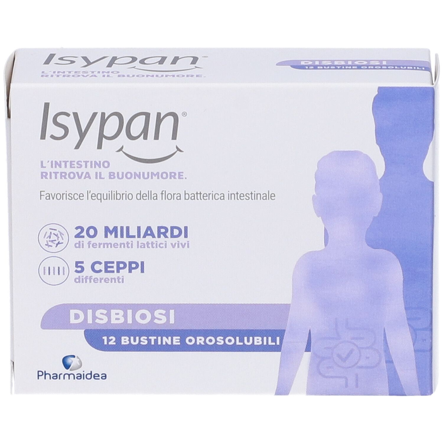 Schachtel Isypan Disbiosi. Vorderseite mit Produktinformationen: 20 Milliarden lebende Bakterien, 5 Stämme.