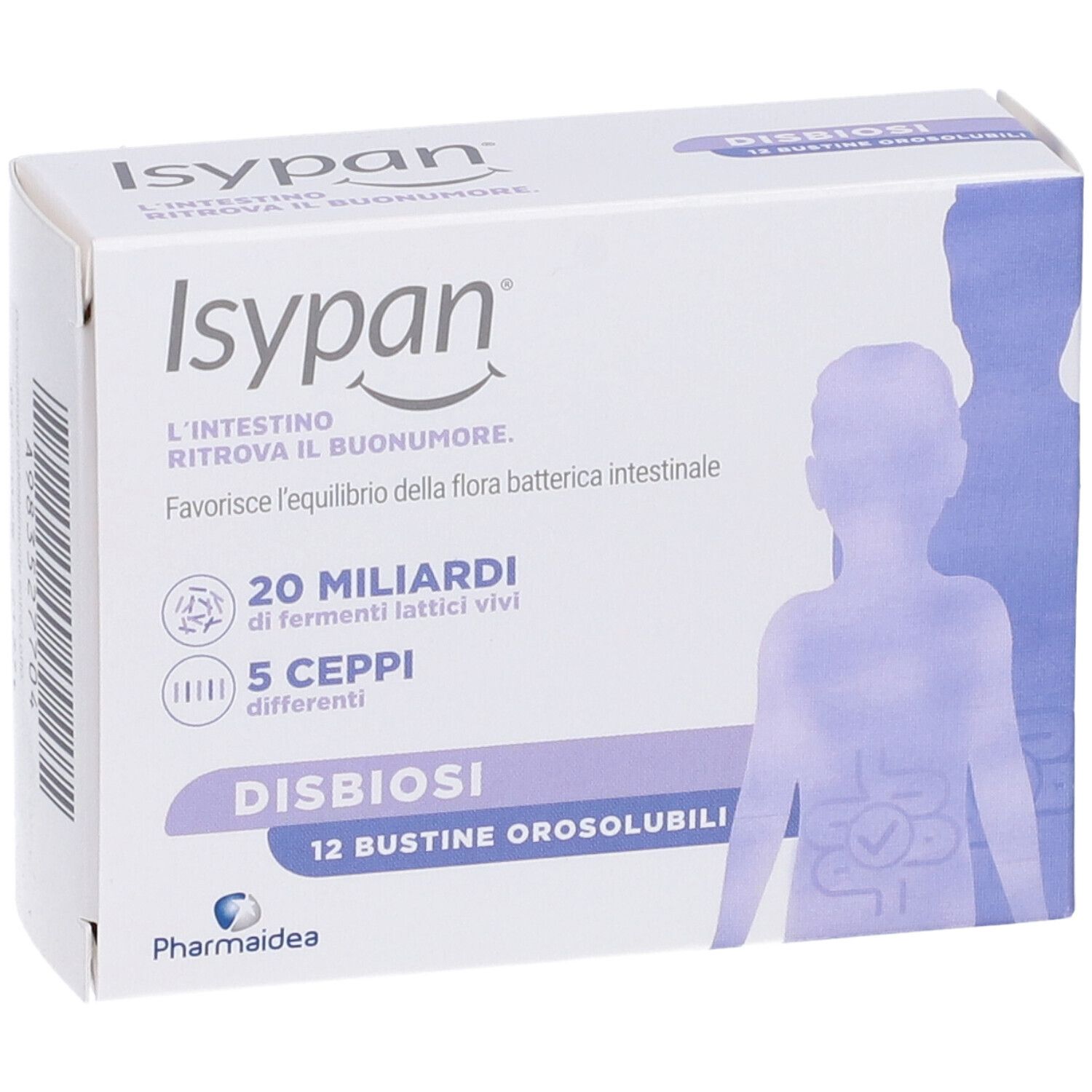 Schachtel Isypan Disbiosi. Vorderseite mit Produktinformationen: 20 Milliarden lebende Bakterien, 5 Stämme.