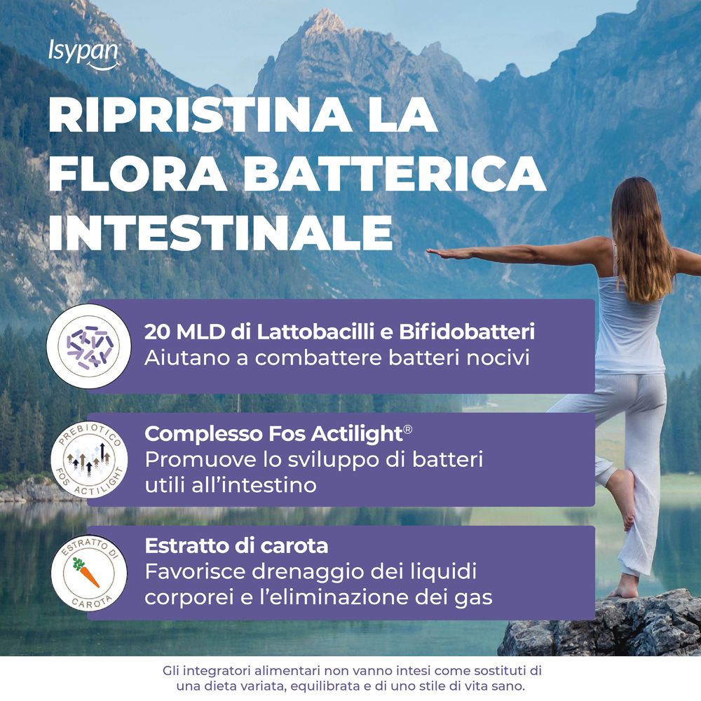 Infografik: Isypan, stellt die Darmflora wieder her. Enthält 20 Mrd. Laktobazillen, FOS Actilight und Karottenextrakt.