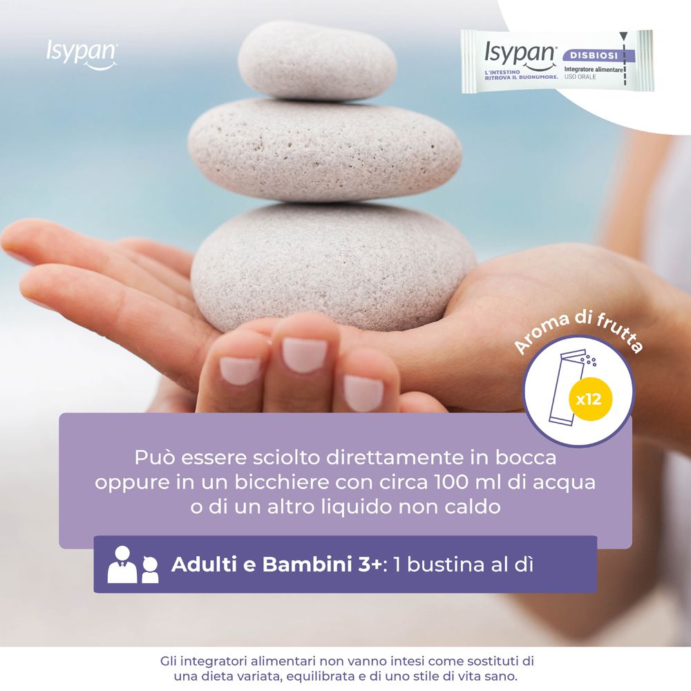 Produktabbildung: Isypan Disbiosi Beutel. Kann direkt im Mund oder in Wasser aufgelöst werden. 1 Beutel pro Tag.