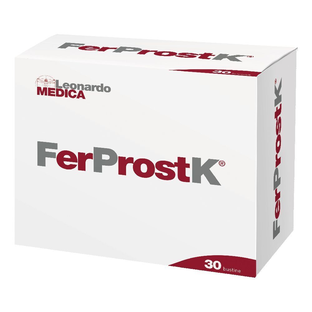 Boîte blanche avec inscription rouge et grise FerProstK et logo Leonardo Medica. Contient 30 sachets.