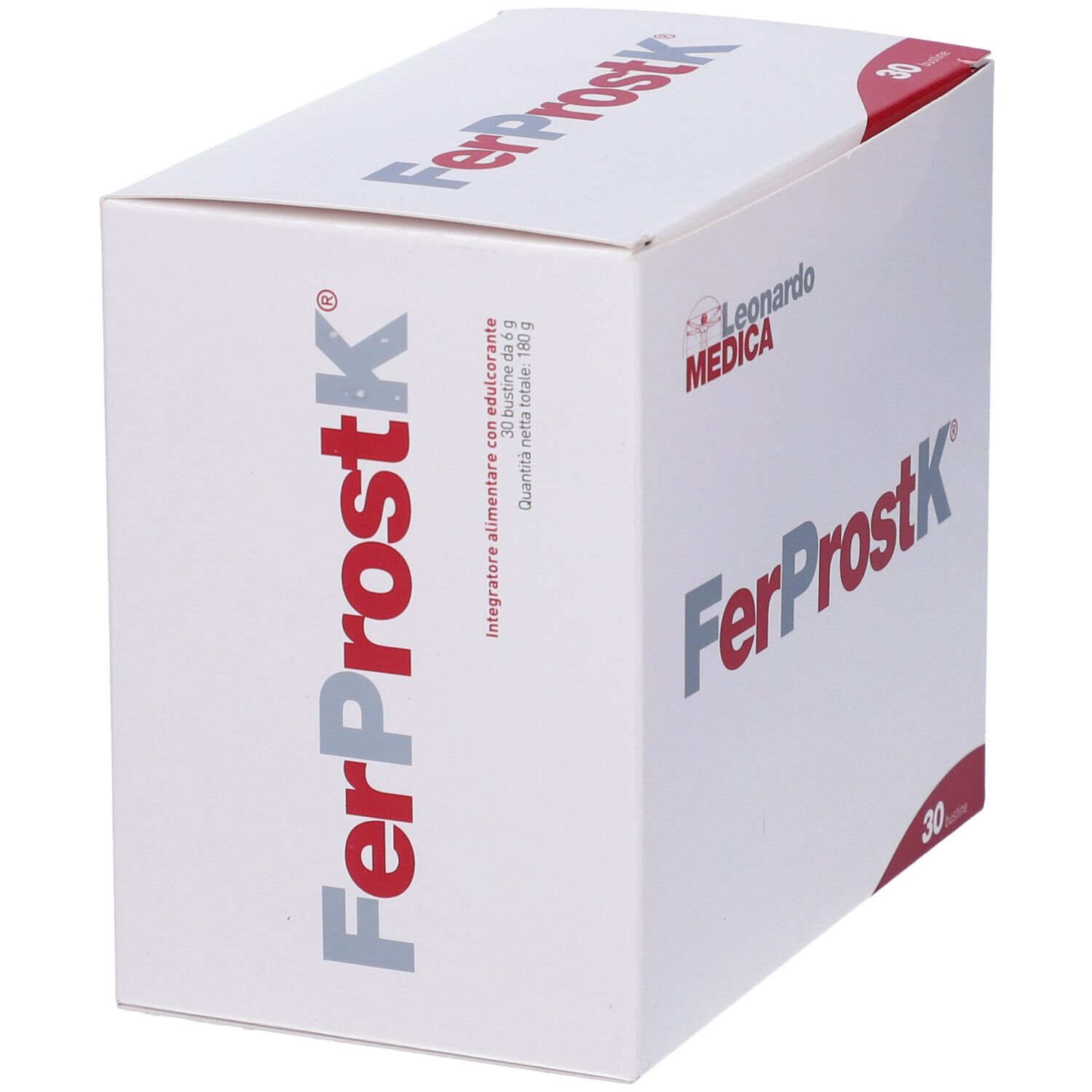 Boîte blanche avec inscription rouge et grise FerProstK et logo Leonardo Medica. Contient 30 sachets.