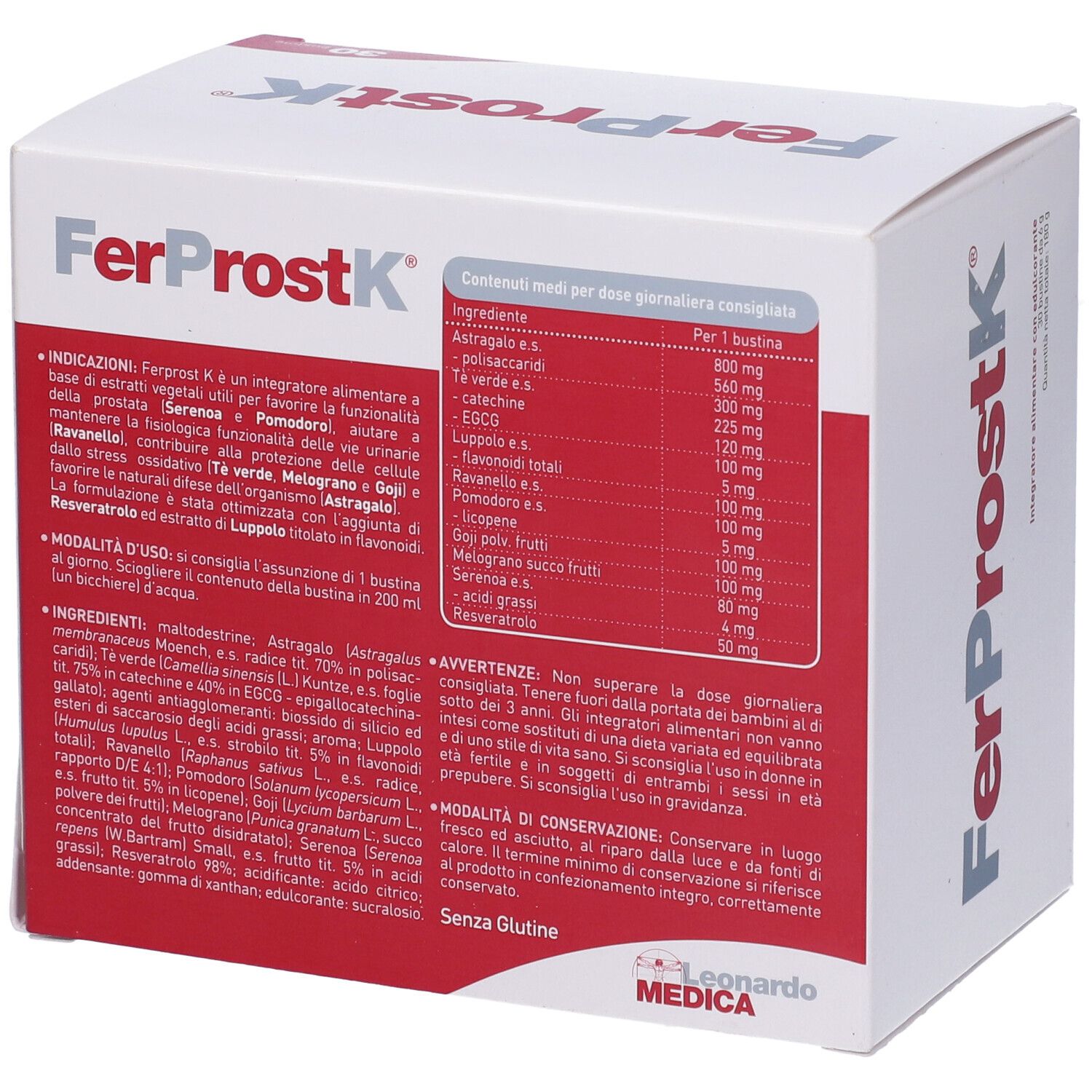 Boîte blanche avec inscription rouge et grise FerProstK et logo Leonardo Medica. Contient des informations et des ingrédients.