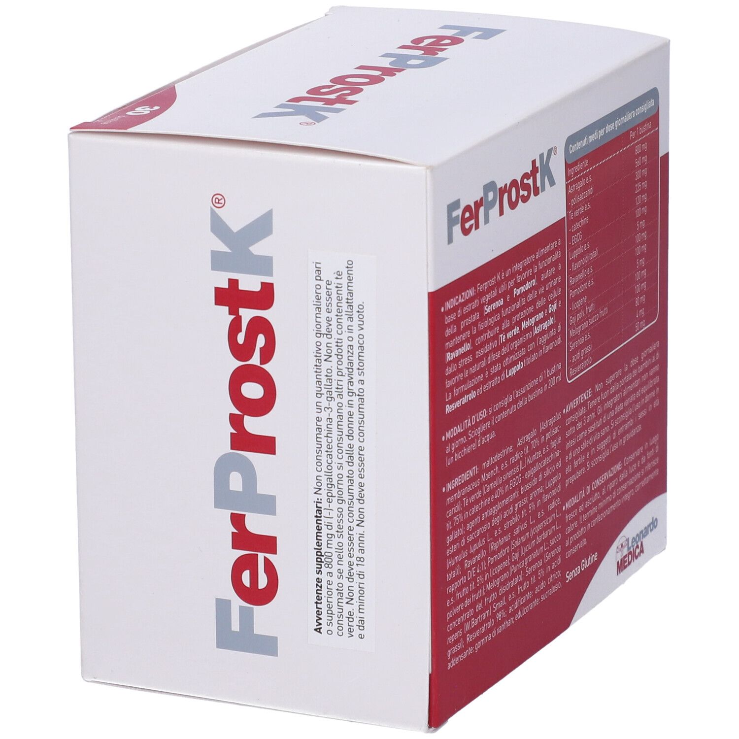Boîte blanche avec inscription rouge et grise FerProstK et logo Leonardo Medica. Contient des informations et des ingrédients.