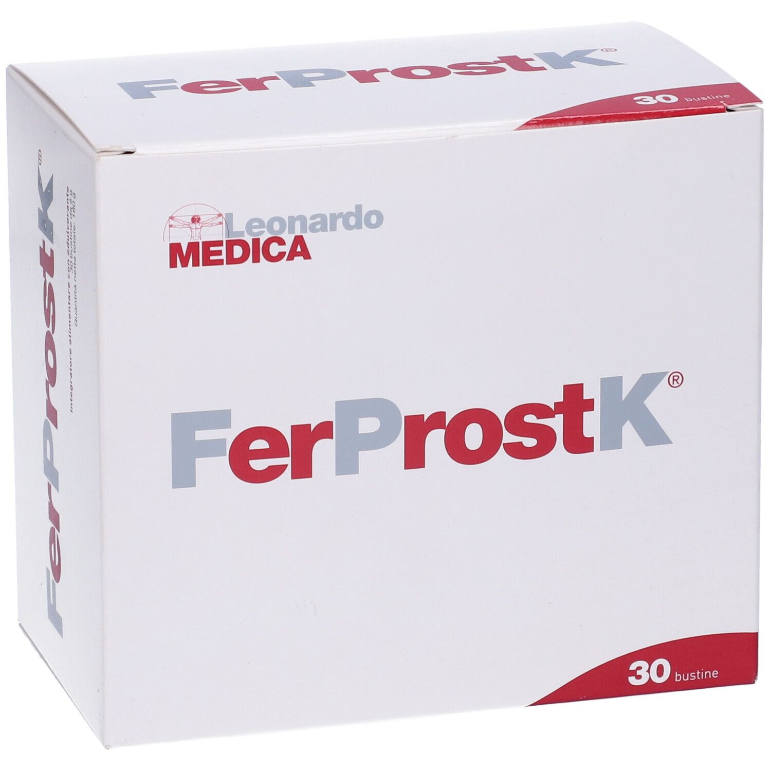 Boîte blanche avec inscription rouge et grise FerProstK et logo Leonardo Medica. Contient 30 sachets.