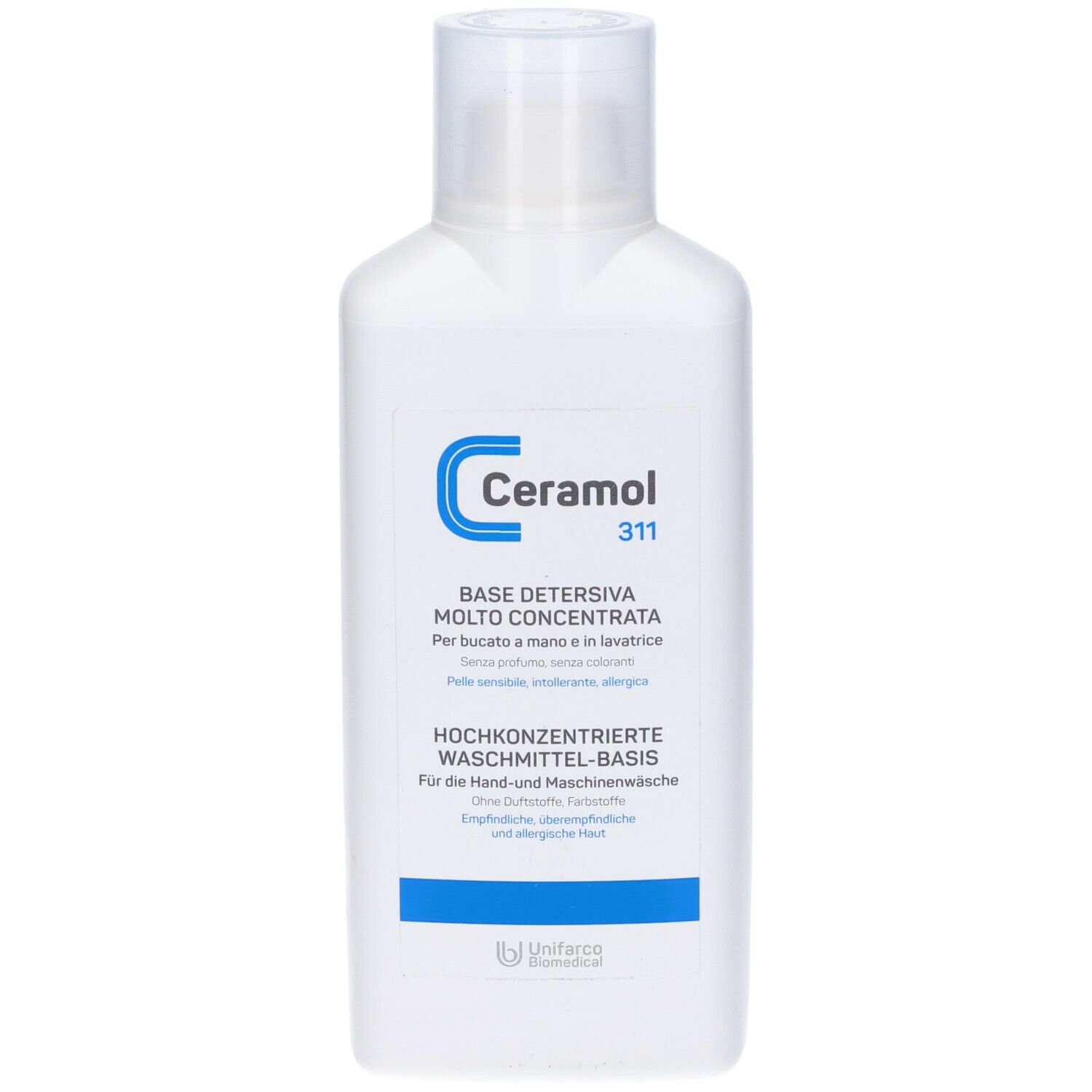 Flacon blanc avec logo Ceramol bleu et texte. "BASE DETERSIVA MOLTO CONCENTRATA" et "HOCHKONZENTRIERTE WASCHMITTEL-BASIS" sont lisibles.