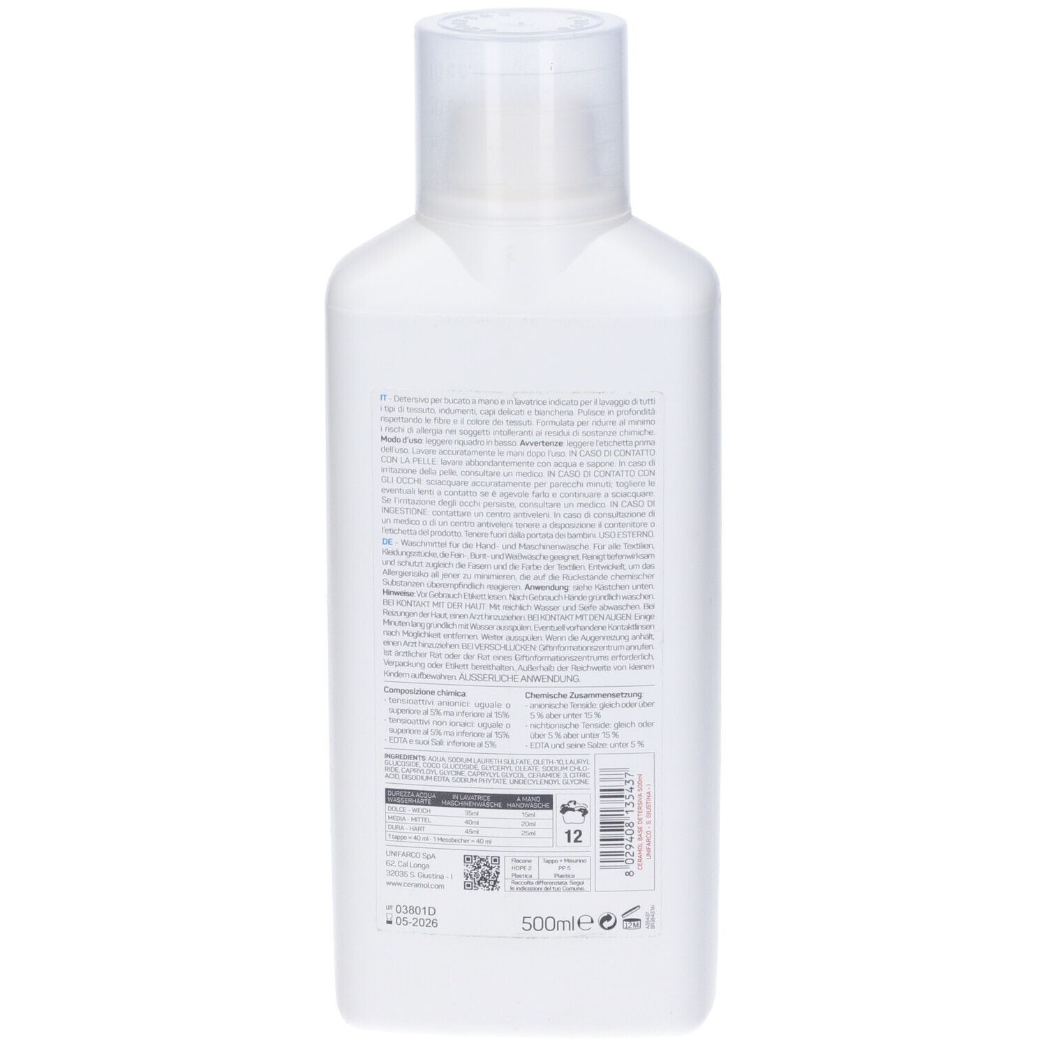 Dos d'un flacon blanc. Texte en plusieurs langues. "500ml" est en bas.