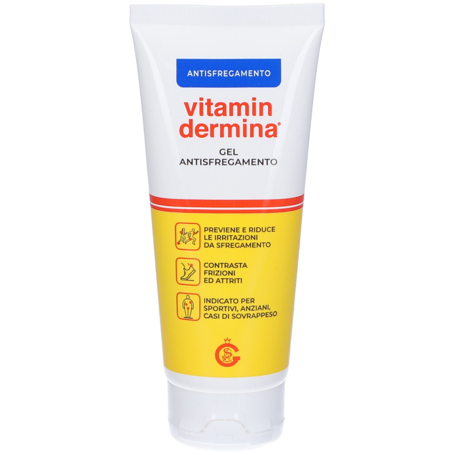 Tube mit weißem Deckel. Aufschrift: Vitamin Dermina Gel Antifregamento. Gel zur Vorbeugung von Reizungen durch Reibung.
