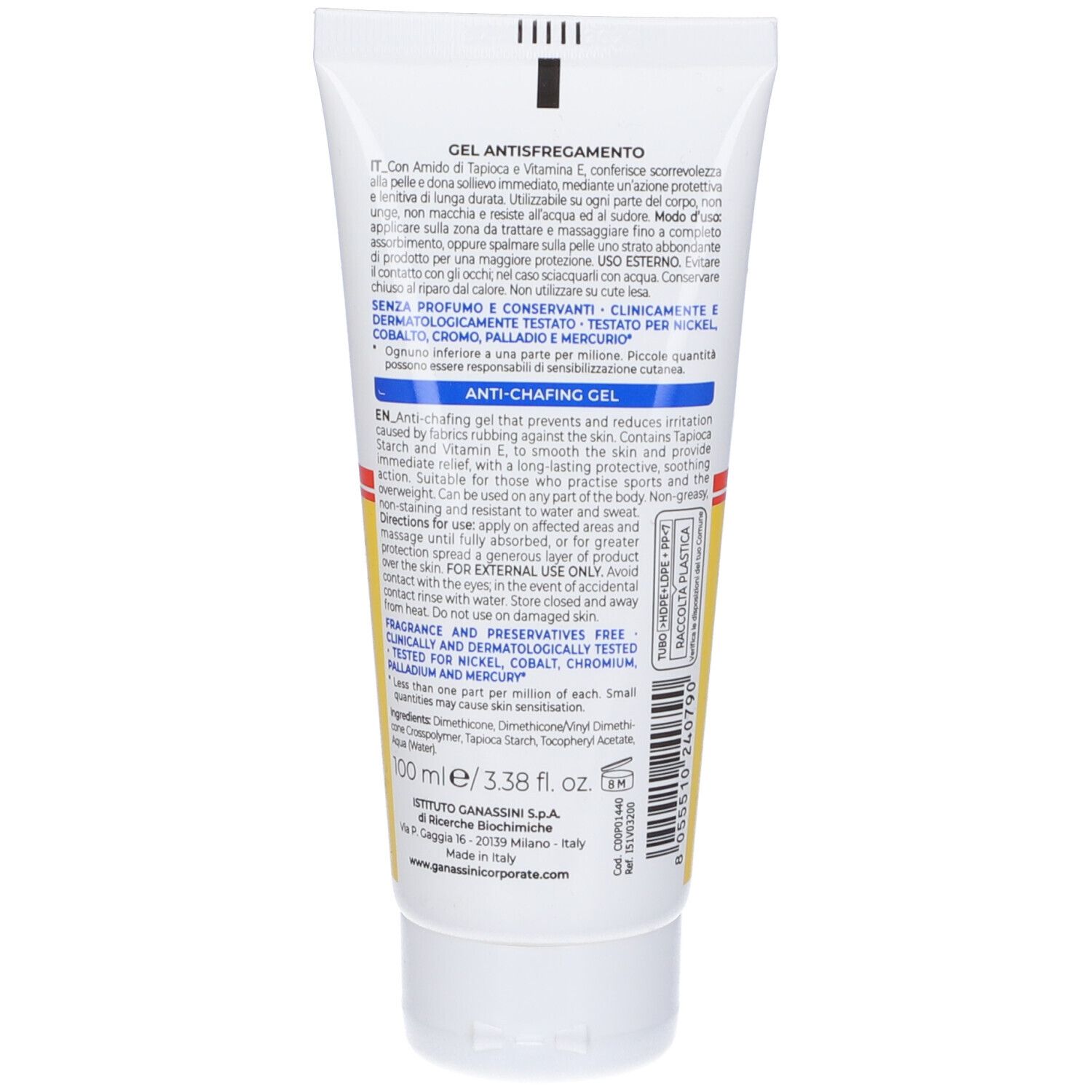 Rückseite der Tube. Text: Gel Antifregamento. Enthält Tapiokastärke und Vitamin E. Frei von Duftstoffen und Konservierungsmitteln.