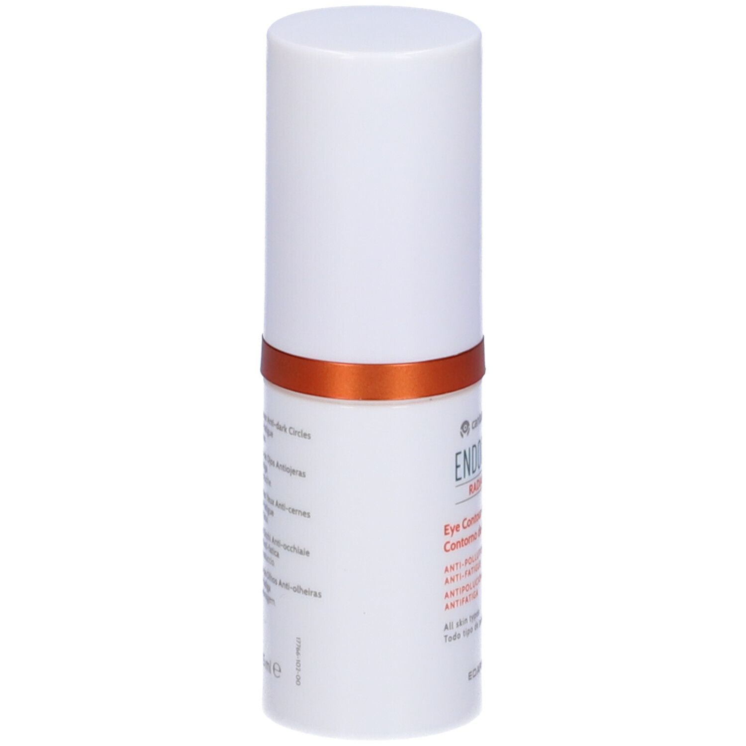 Zylindrisches, weißes Behältnis mit orangefarbenem Ring. Produktname und Text in mehreren Sprachen.