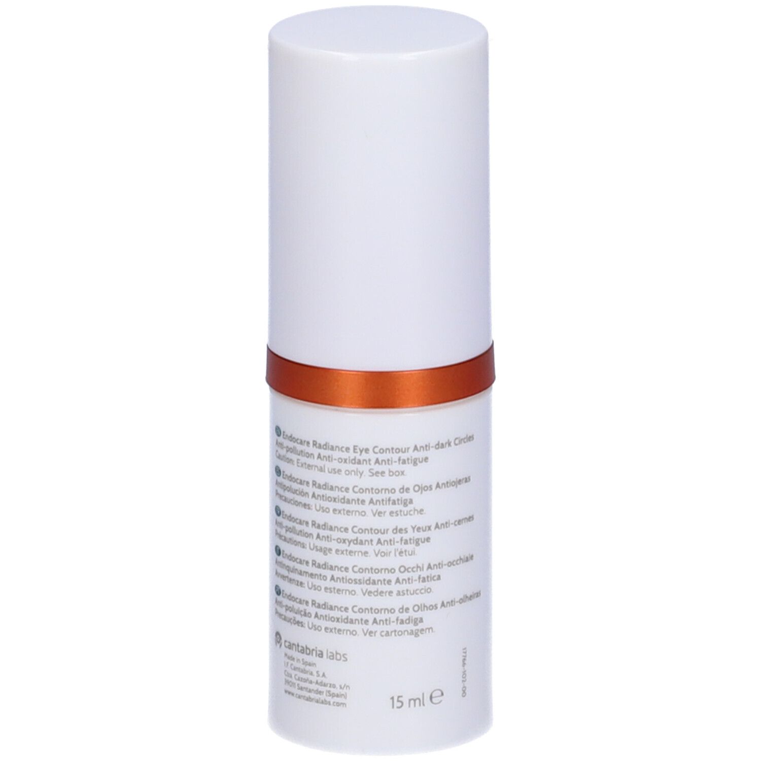 Zylindrisches, weißes Behältnis mit orangefarbenem Ring. Text in mehreren Sprachen.