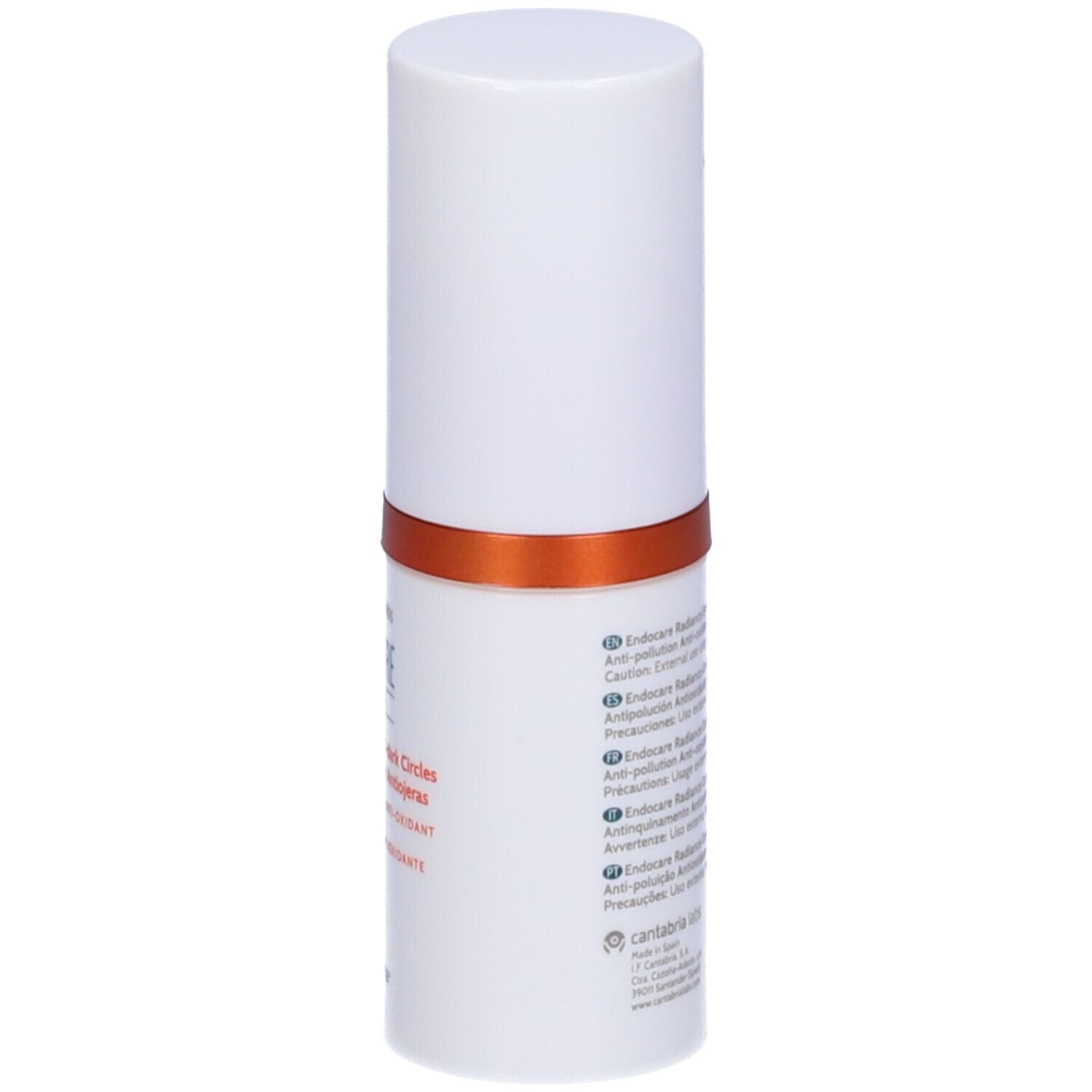 Zylindrisches, weißes Behältnis mit orangefarbenem Ring. Text in mehreren Sprachen.