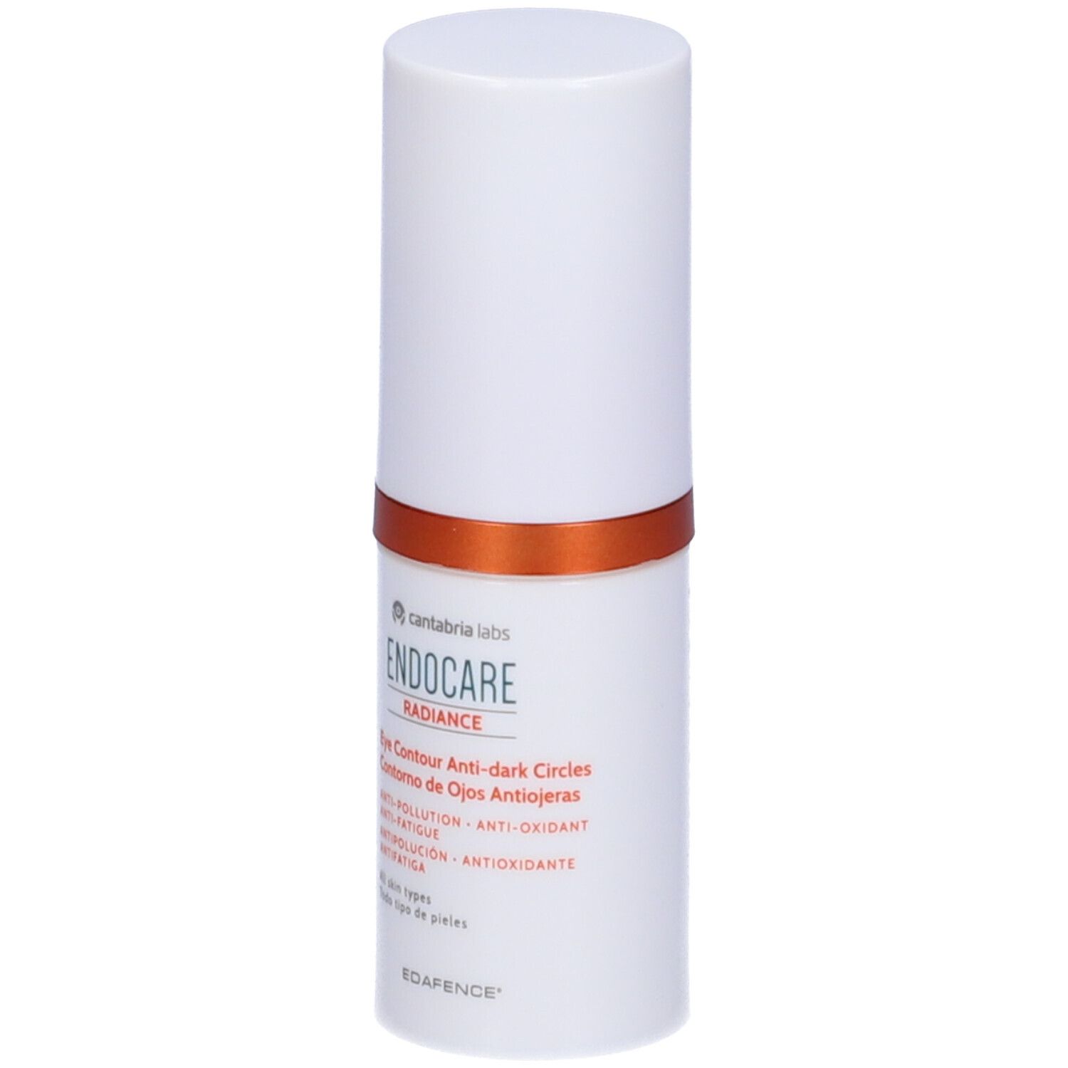 Zylindrisches, weißes Behältnis mit orangefarbenem Ring. Produktname und Text in mehreren Sprachen.