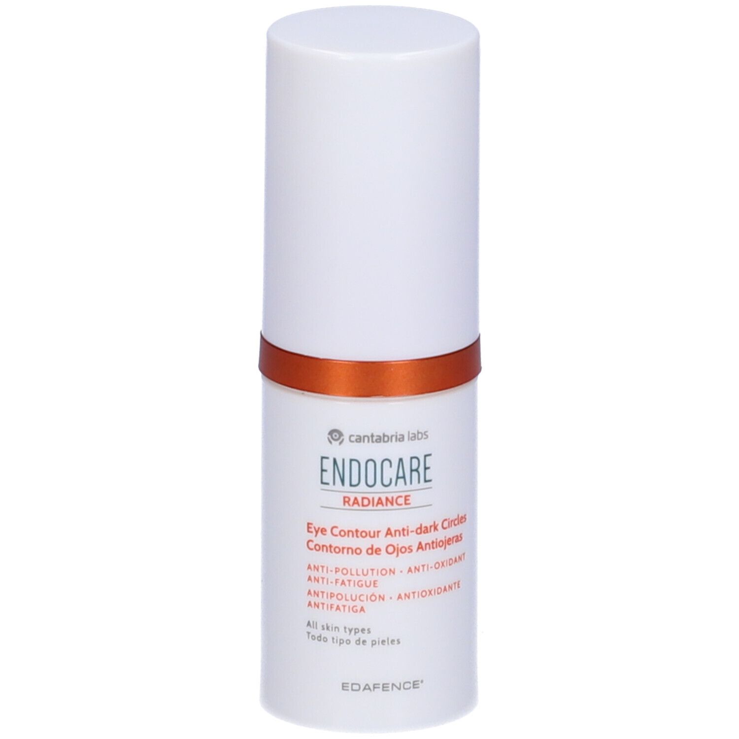 Zylindrisches, weißes Behältnis mit orangefarbenem Ring. Produktname und Text in mehreren Sprachen.