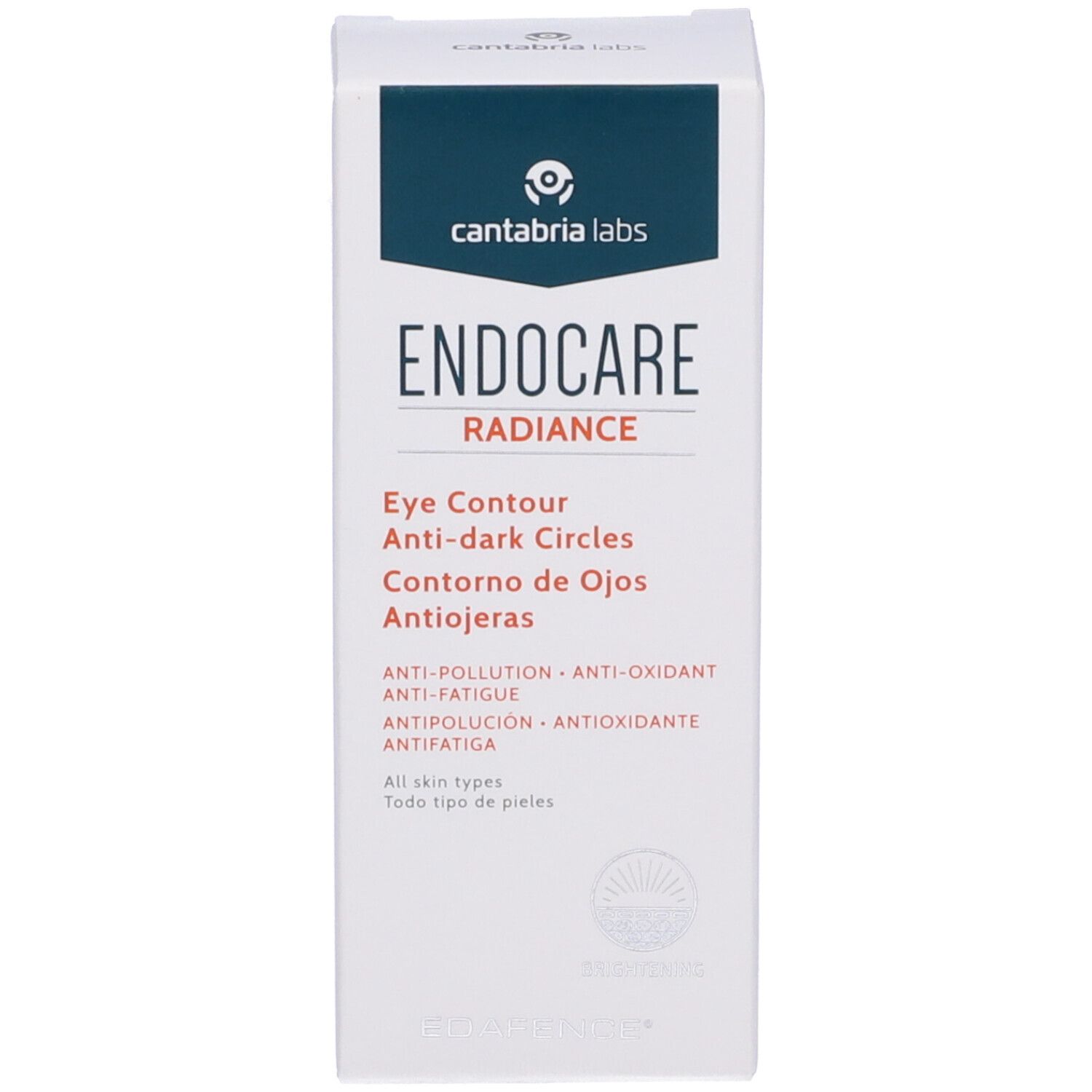 Produktverpackung. Weißer Karton mit blauem Logo und Text in mehreren Sprachen.