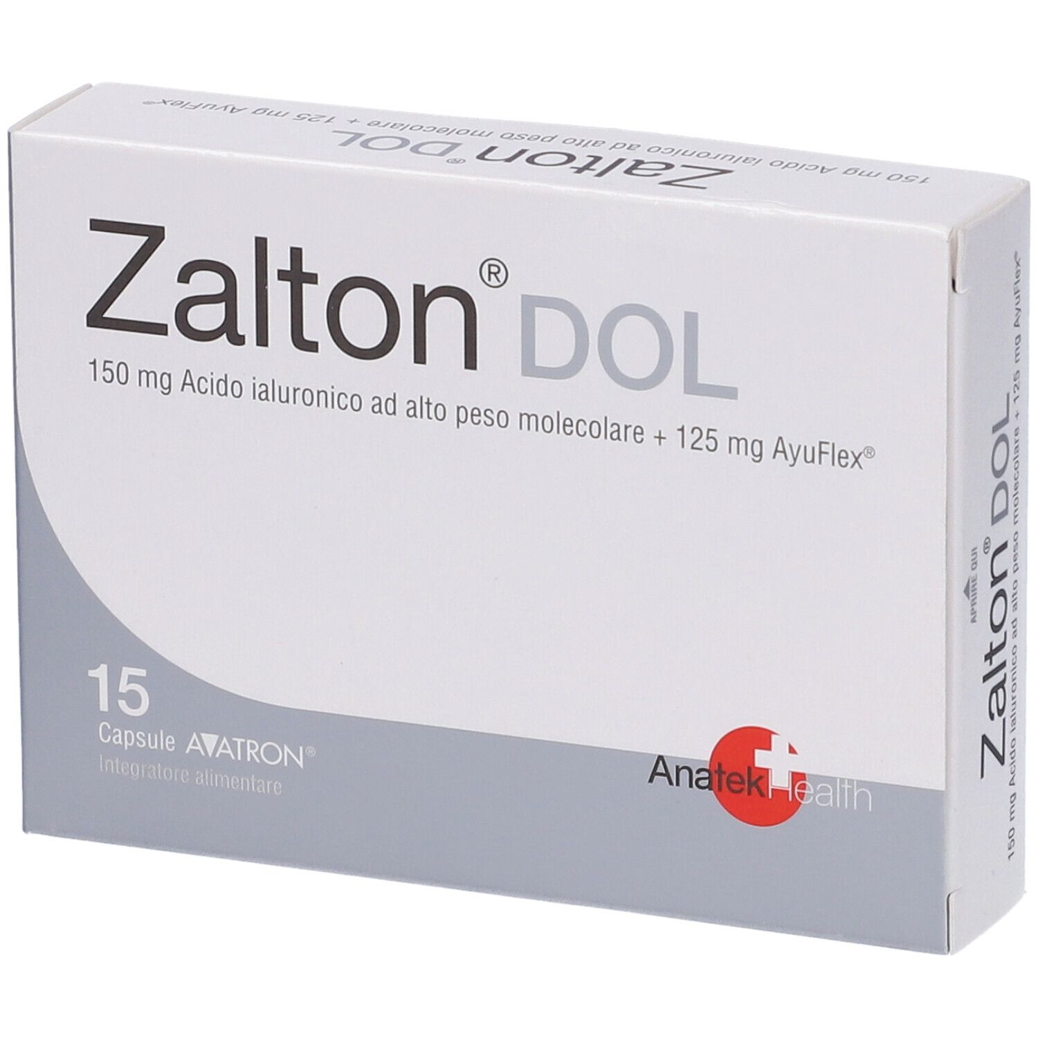 Boîte blanche 'Zalton DOL'. Contient 15 gélules. Logo Anatek Health.