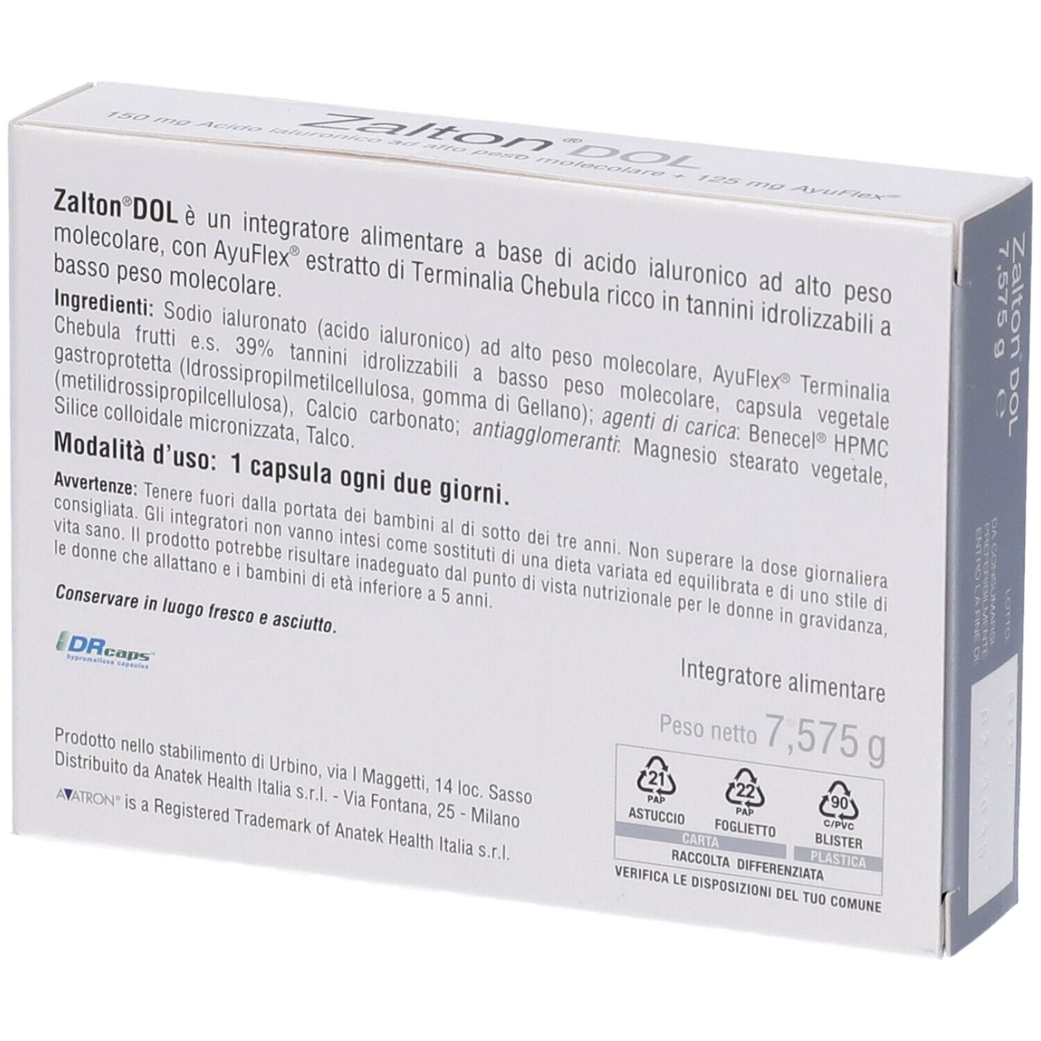 Dos de la boîte 'Zalton DOL'. Texte avec ingrédients et instructions. Poids : 7,575 g.