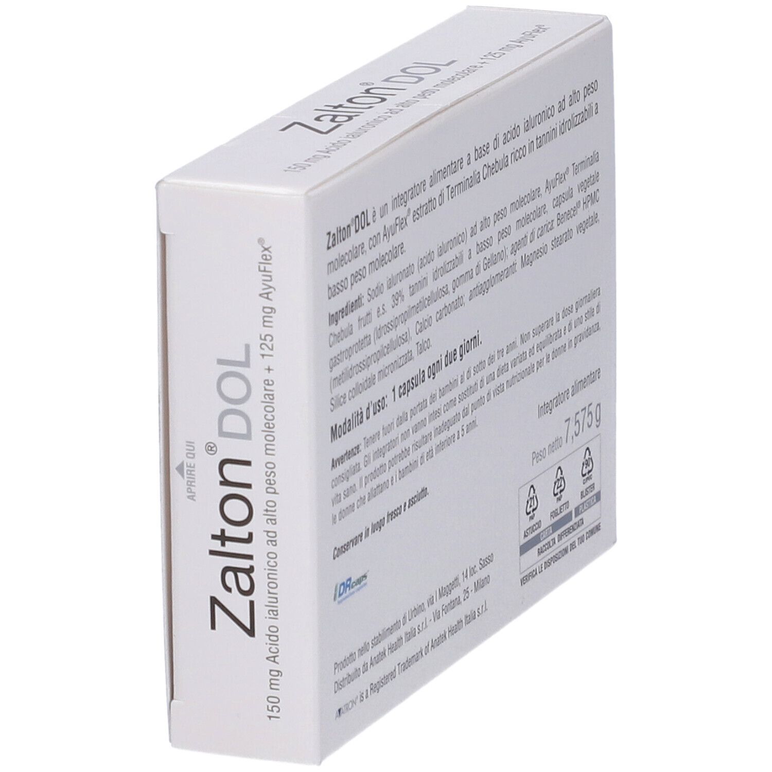 Boîte 'Zalton DOL' en biais. Texte avec ingrédients et instructions. Poids : 7,575 g.