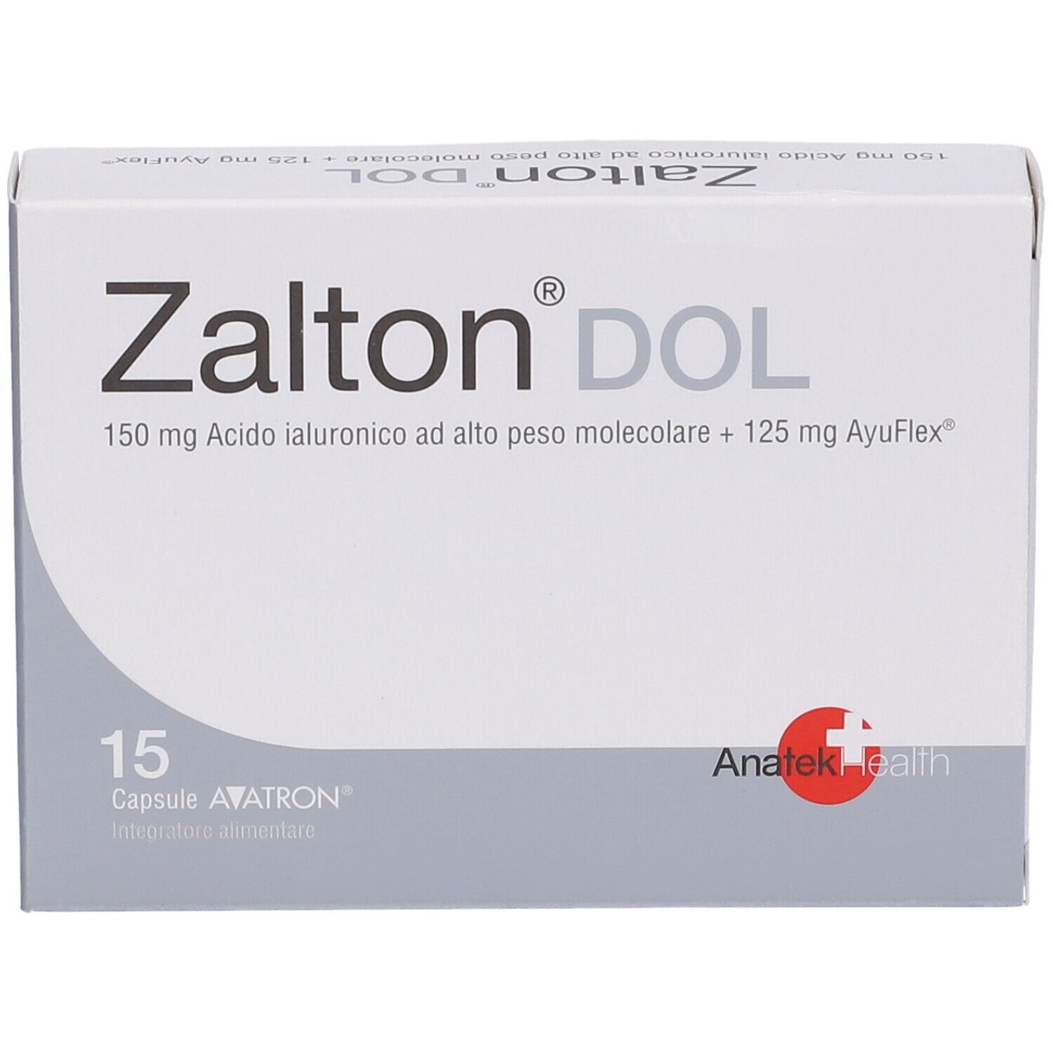 Boîte blanche 'Zalton DOL'. Contient 15 gélules. Logo Anatek Health.