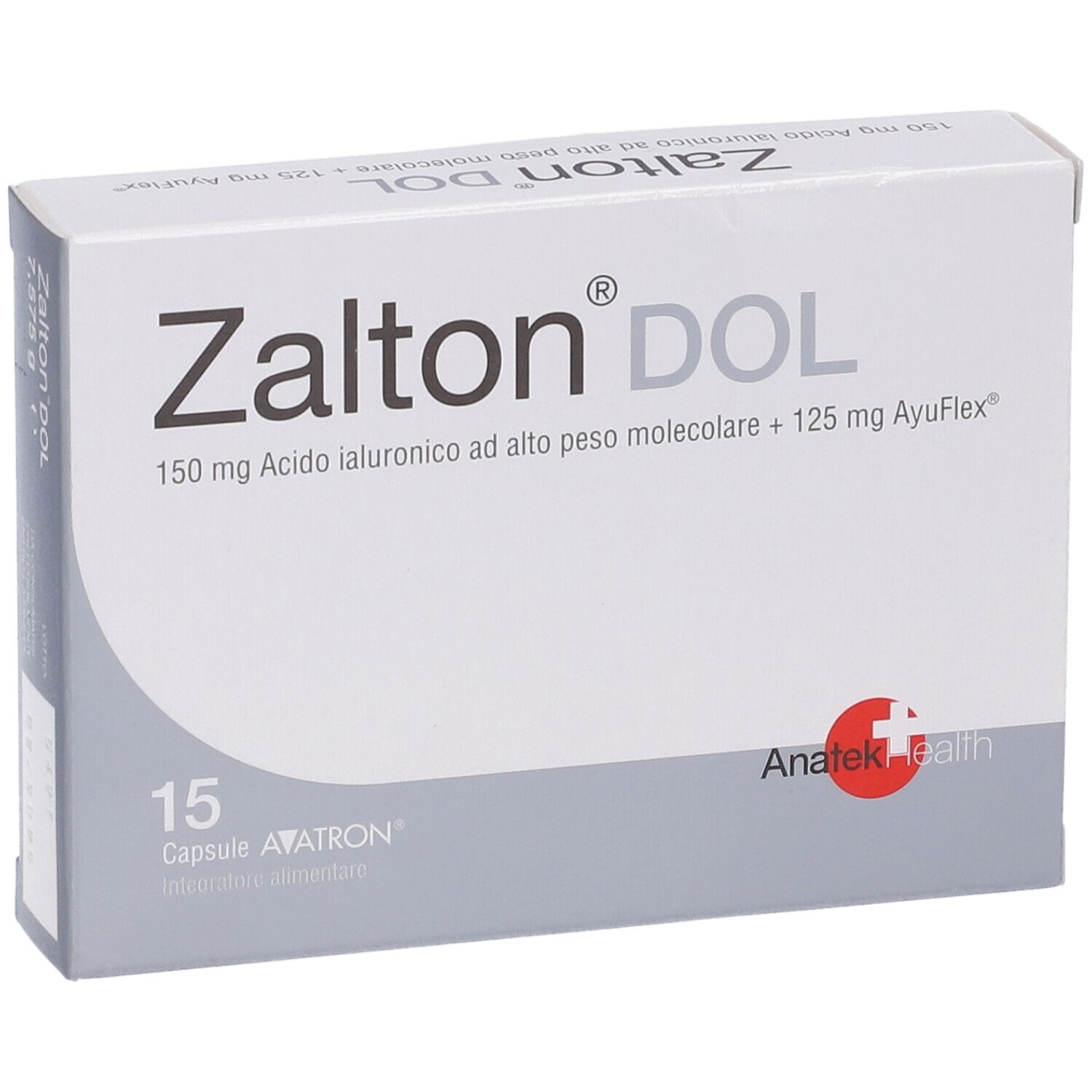 Boîte blanche 'Zalton DOL'. Contient 15 gélules. Logo Anatek Health.