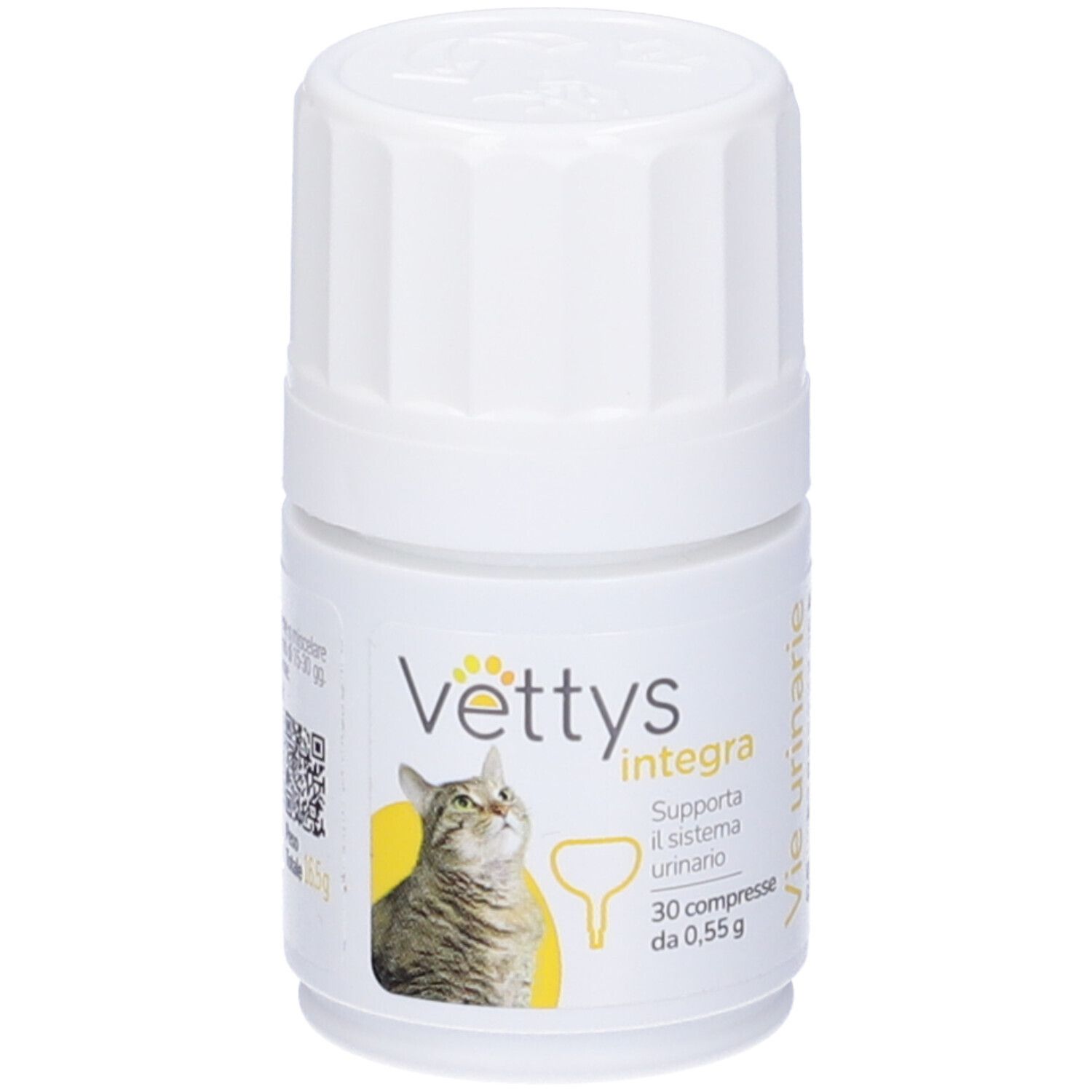 Flacon blanc avec nom du produit et chat. Texte: Vie Urinarie, 30 comprimés.