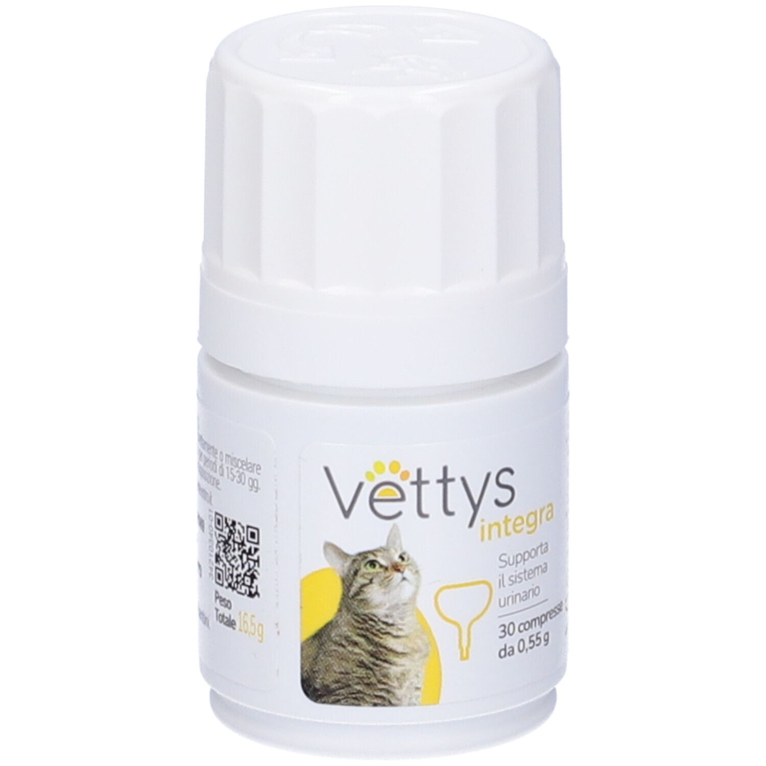 Flacon blanc avec nom du produit et chat. Texte: Vie Urinarie, 30 comprimés.