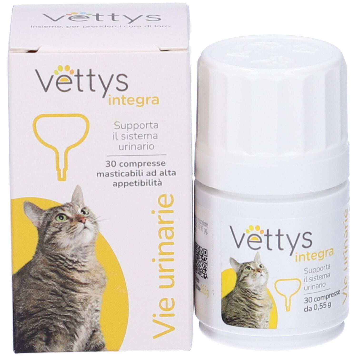 Flacon et boîte blancs. Nom du produit et chat. Texte: Vie Urinarie, 30 comprimés.