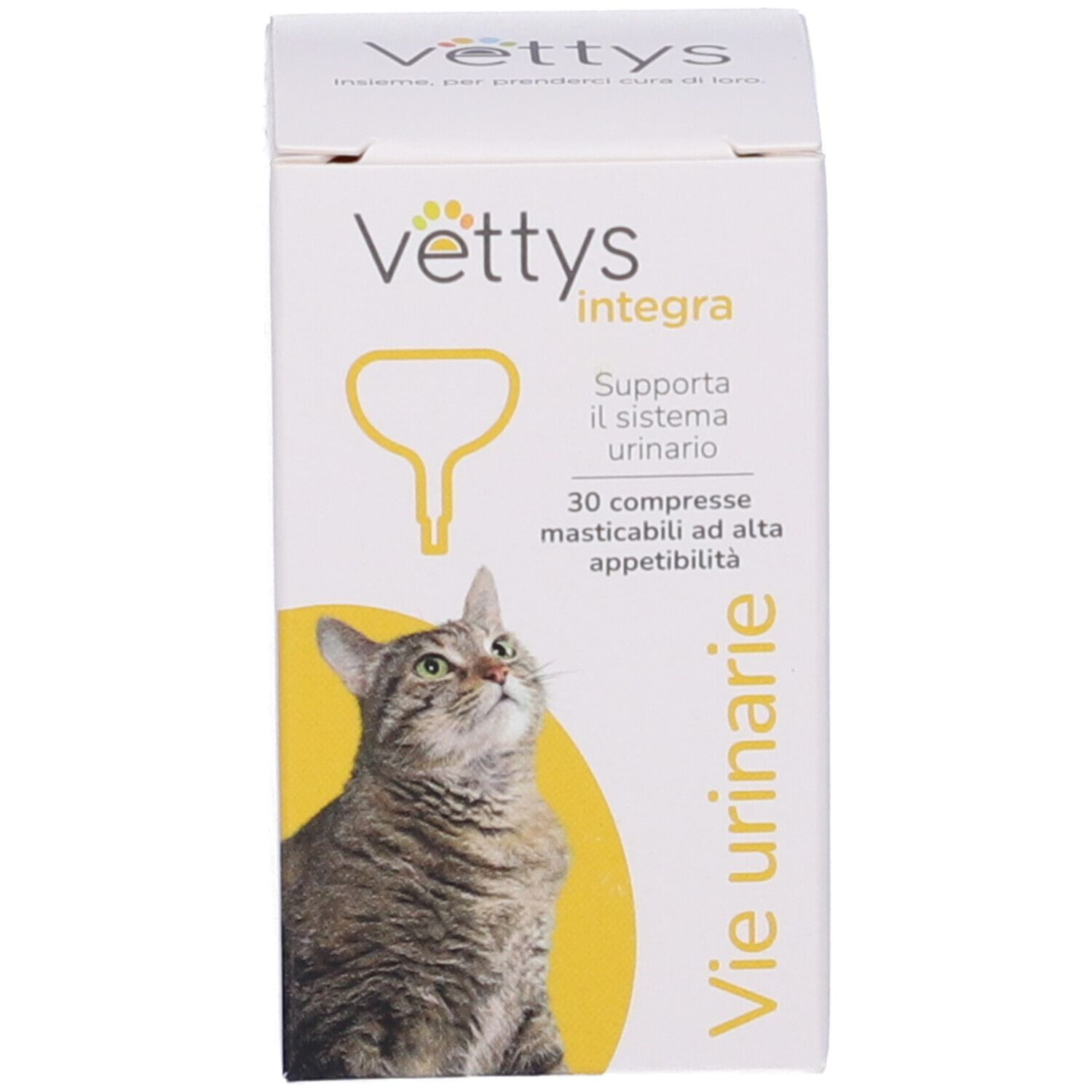 Boîte avec nom du produit et chat. Texte: Vie Urinarie, 30 comprimés.