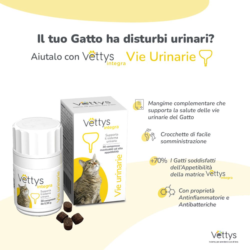 Produit avec chat et texte. Texte: Vie Urinarie, 30 comprimés. Informations et comprimés.