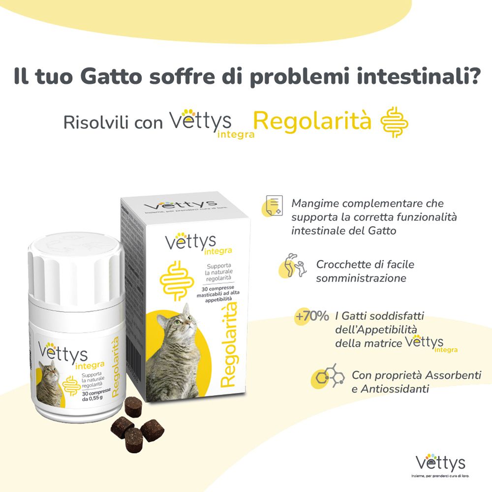 Werbetafel mit Produkt, Text und Illustrationen. Produktname: Vettys Integra Regolarità.