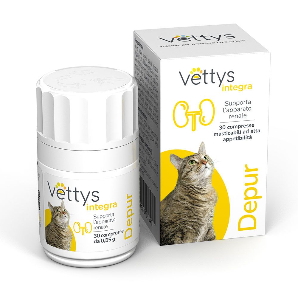 Weiße Tablettenflasche und -schachtel. Aufschrift: Vettys Integra Depur. Abbildung einer Katze. 30 Tabletten.