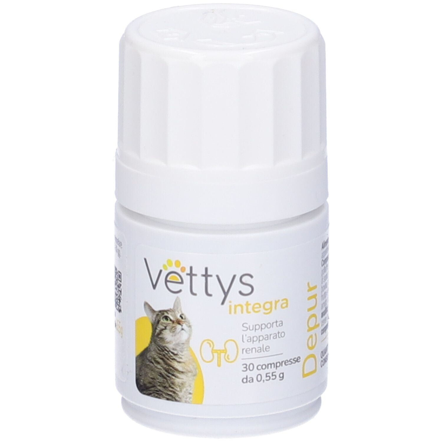 Weiße Tablettenflasche. Aufschrift: Vettys Integra Depur. Abbildung einer Katze. 30 Tabletten.