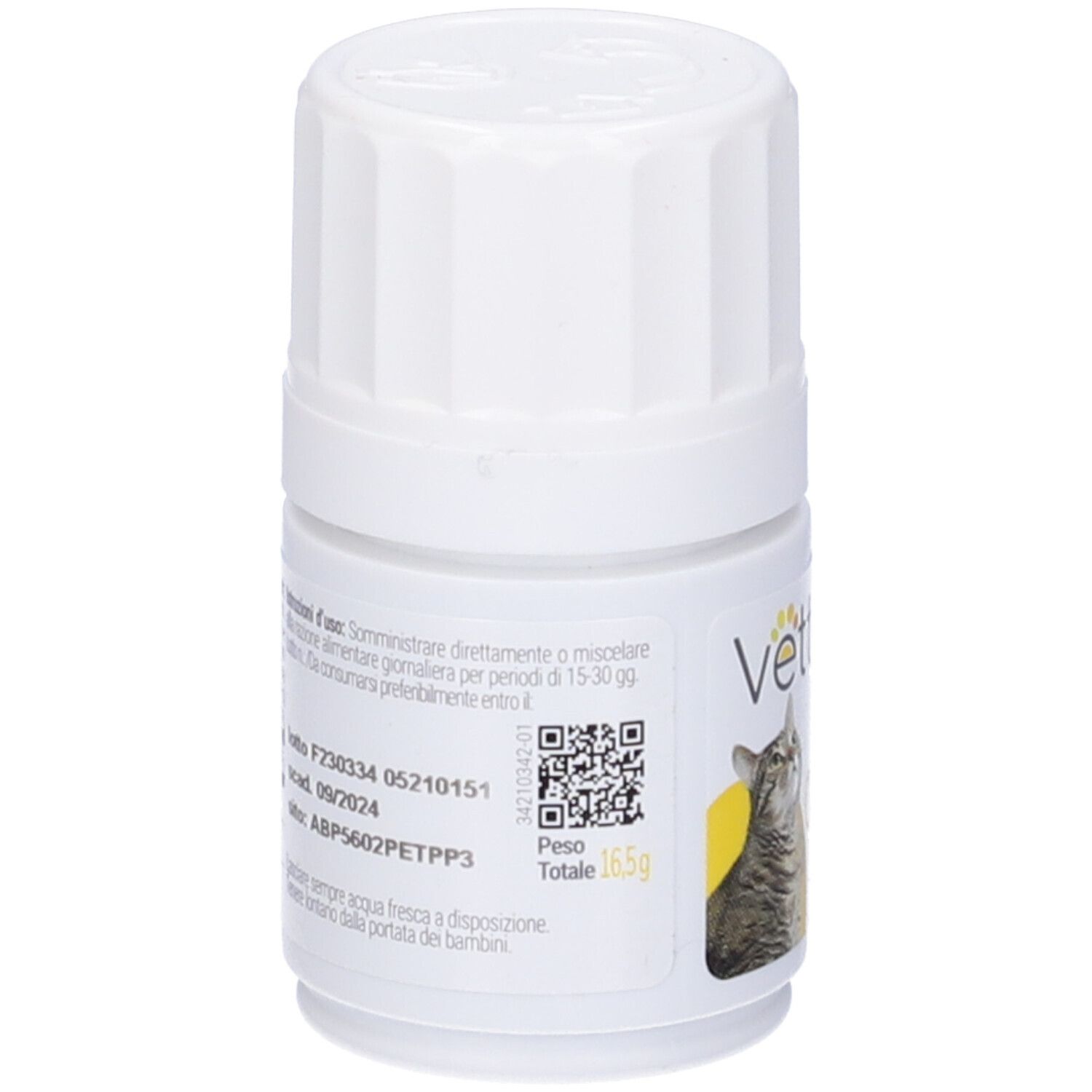 Rückseite der Tablettenflasche. Textinformationen und QR-Code. Gesamtgewicht 165g.