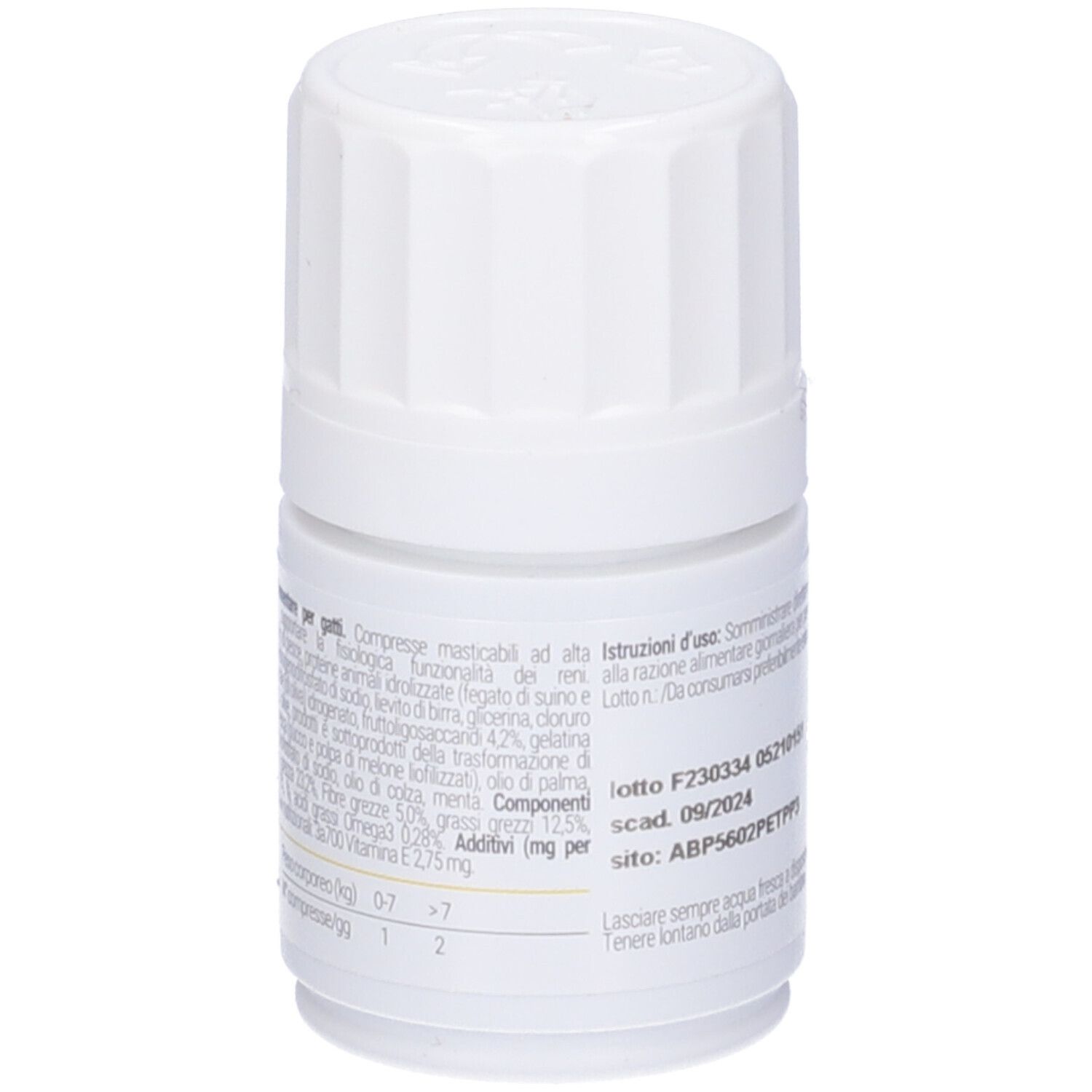 Rückseite der Tablettenflasche. Textinformationen zu Inhaltsstoffen und Dosierung.